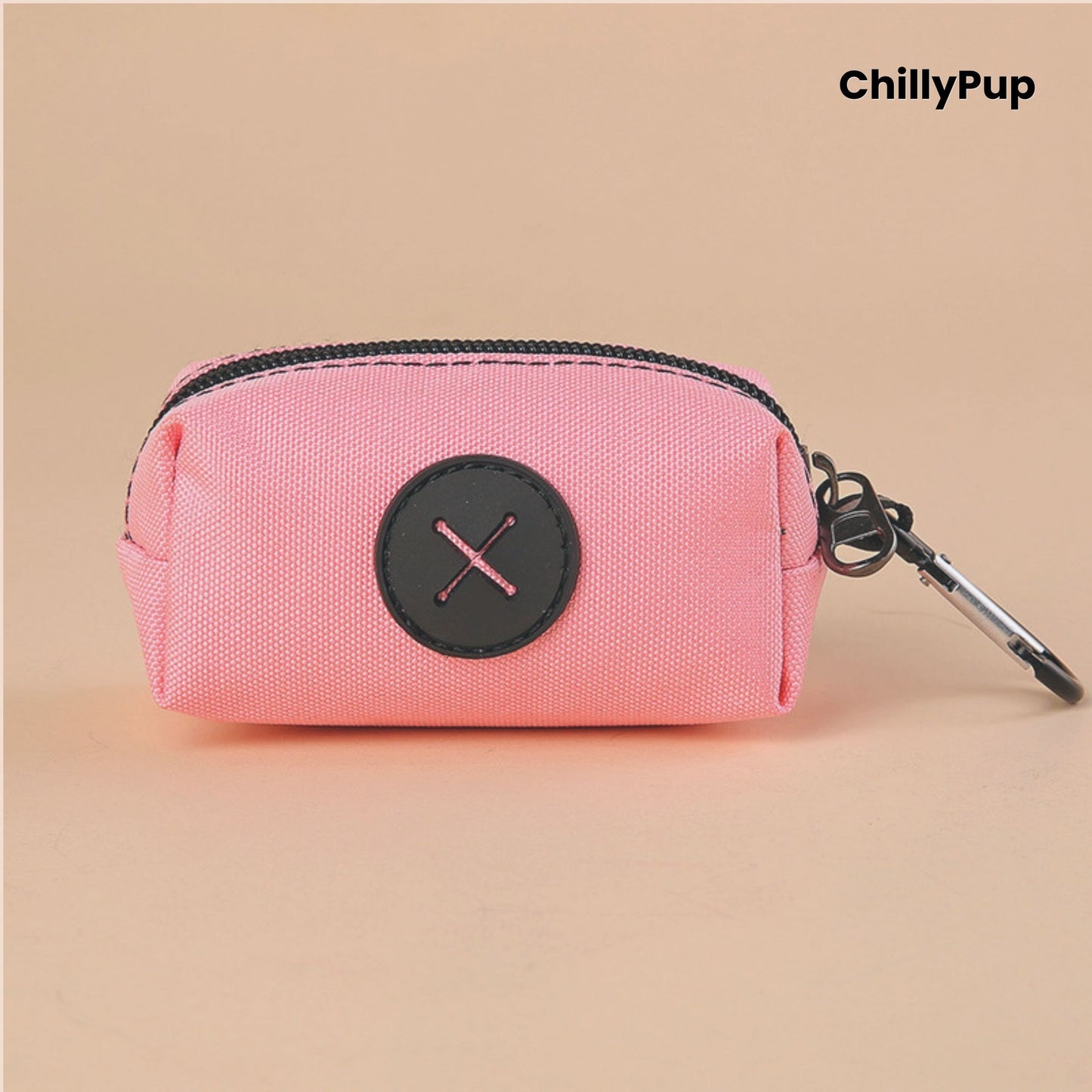 Pink Poo Bag Holder with black zipper and carabiner on a beige background, featuring the brand 'ChillyPup'.