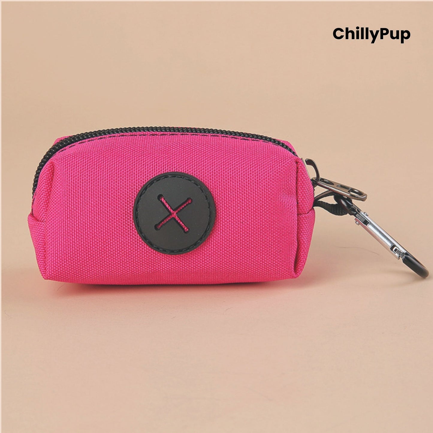 Pink Poo Bag Holder with black zipper and carabiner on a beige background, featuring the brand 'ChillyPup'.