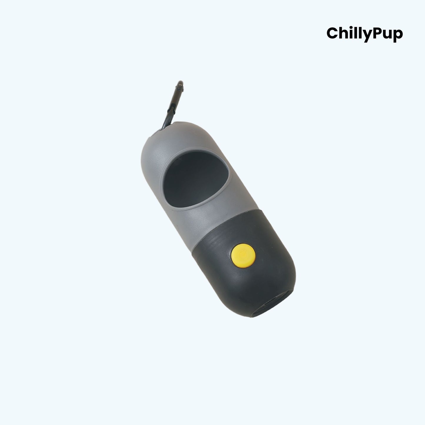 Dark Grey colour poo bag holder with built in LED with 'ChillyPup' branding on a white background.