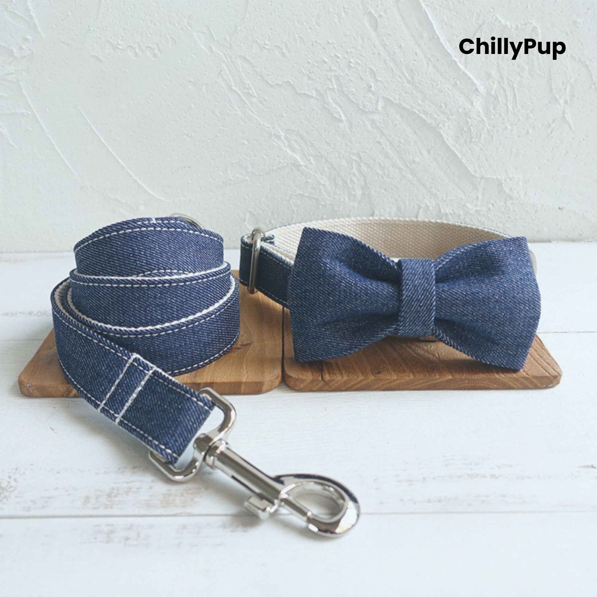Denim Bow Tie Dog Collar & Lead Set on a white background with Chillypup branding