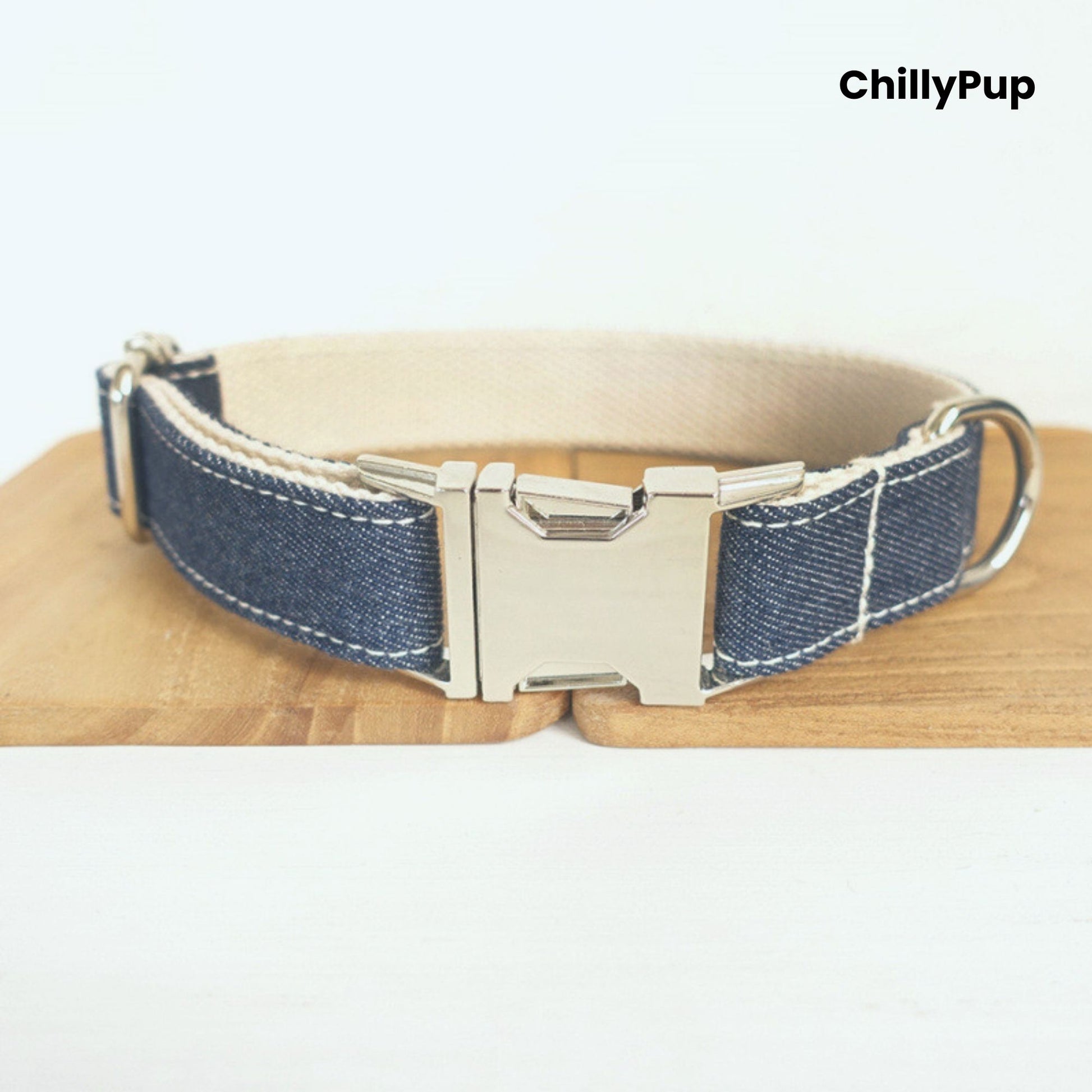 Denim Bow Tie Dog Collar & Lead Set on a white background with Chillypup branding