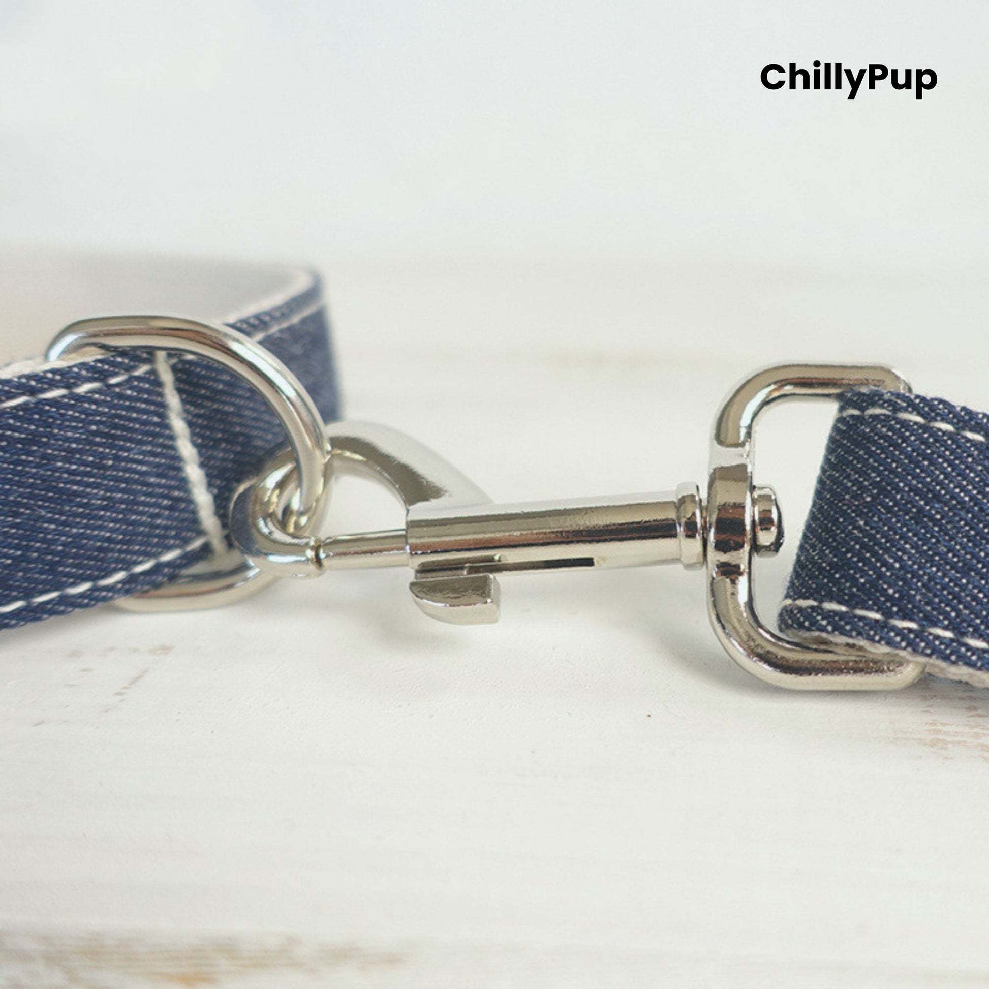 Denim Bow Tie Dog Collar & Lead Set on a white background with Chillypup branding