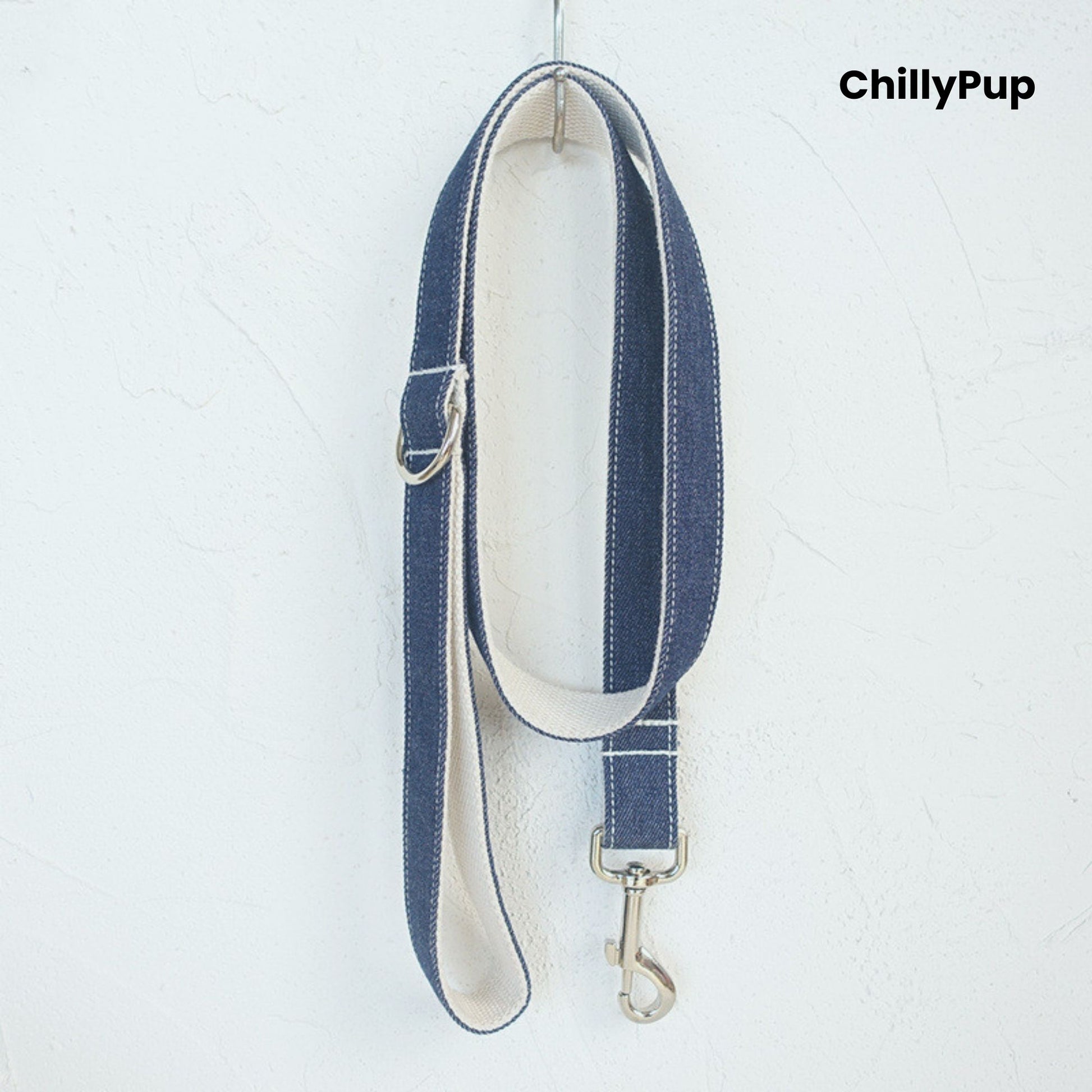 Denim Bow Tie Dog Collar & Lead Set on a white background with Chillypup branding