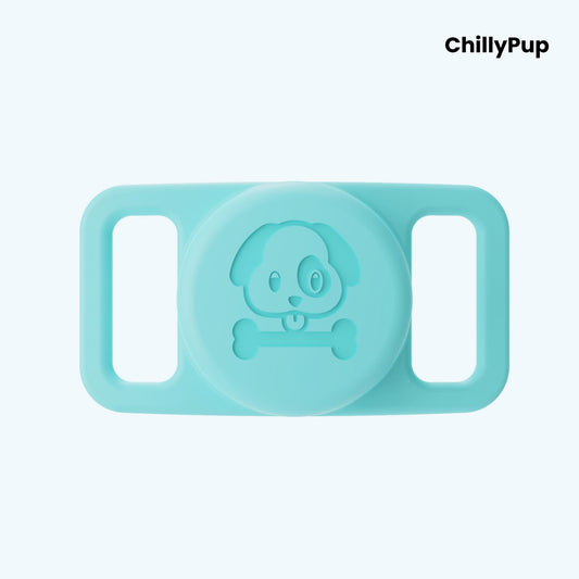 Blue airtag holder for collar with 'ChillyPup' branding on a light purple background