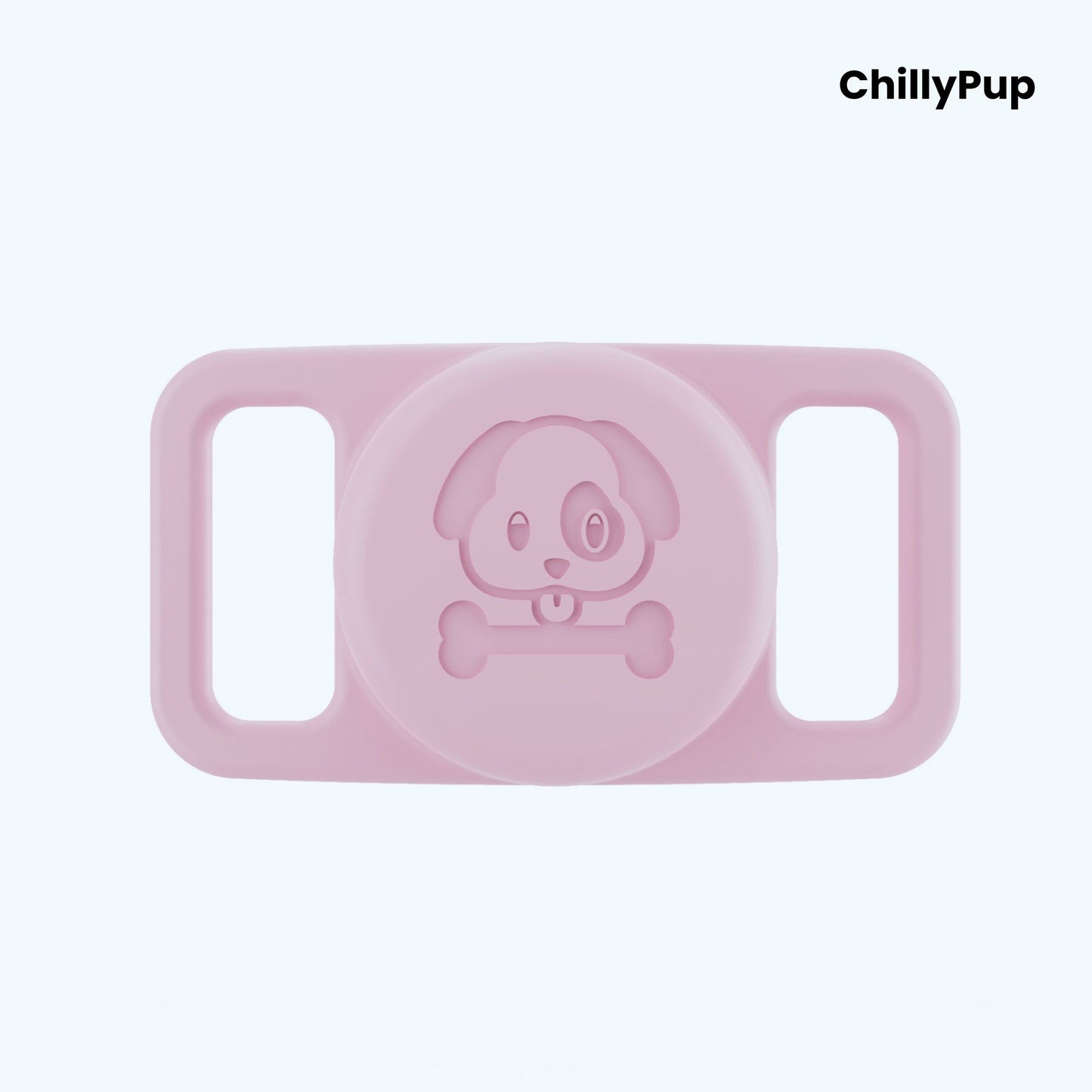 Pink airtag holder for collar with 'ChillyPup' branding on a light purple background