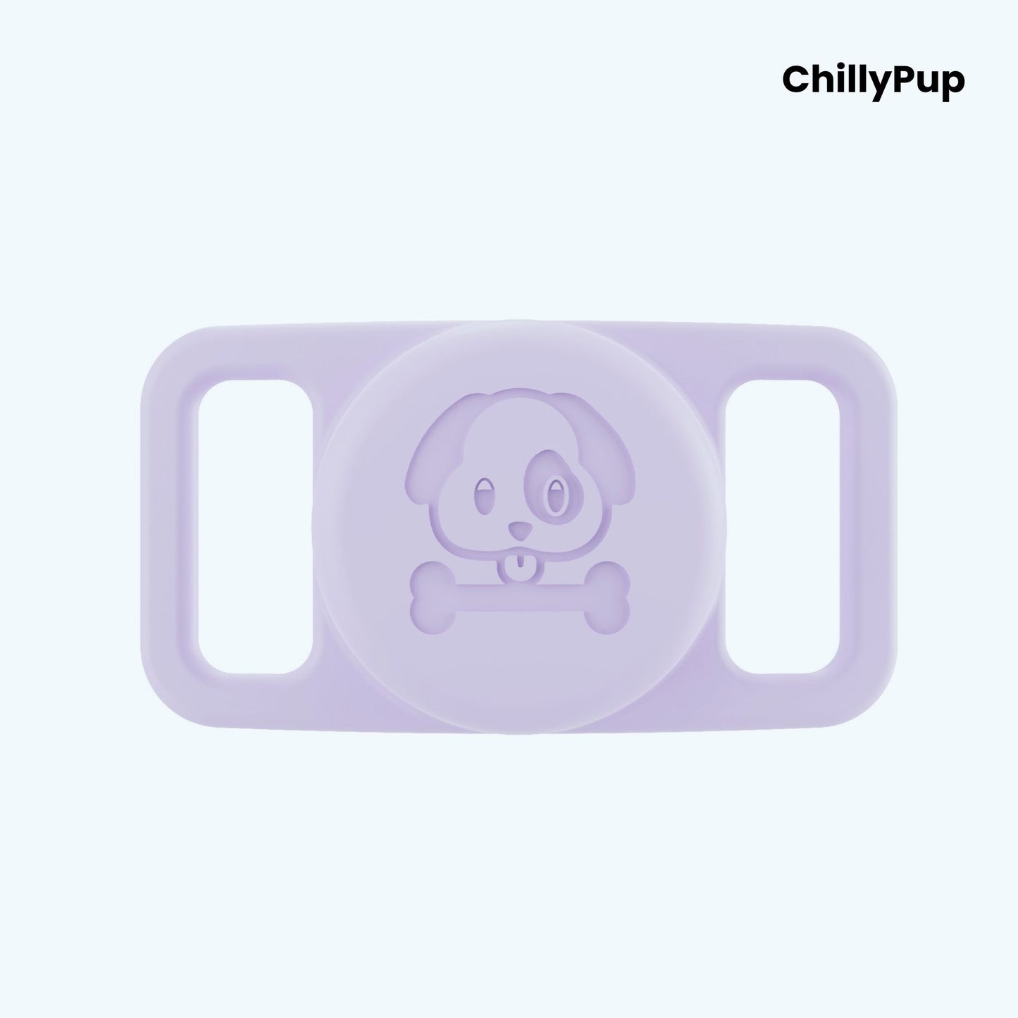 Purple airtag holder for collar with 'ChillyPup' branding on a light purple background