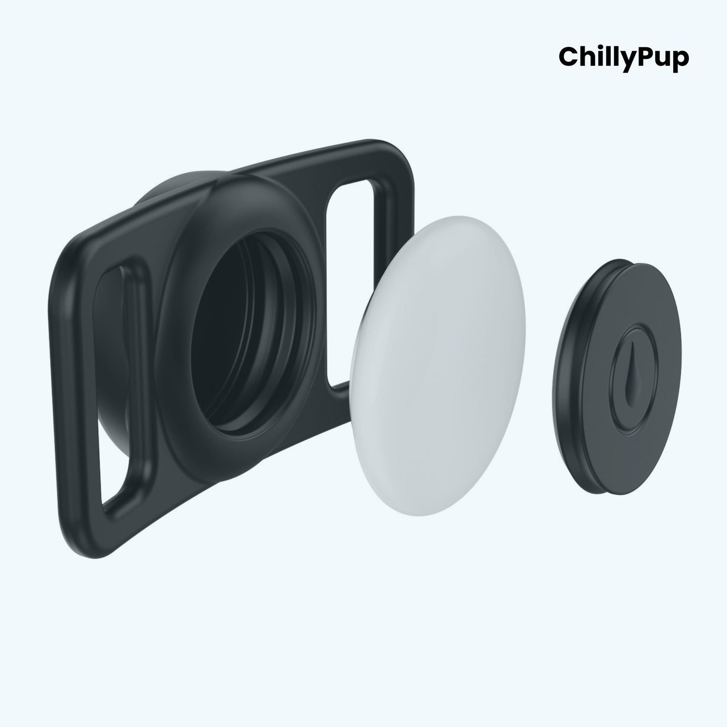 airtag holder for collar with 'ChillyPup' branding on a light purple background