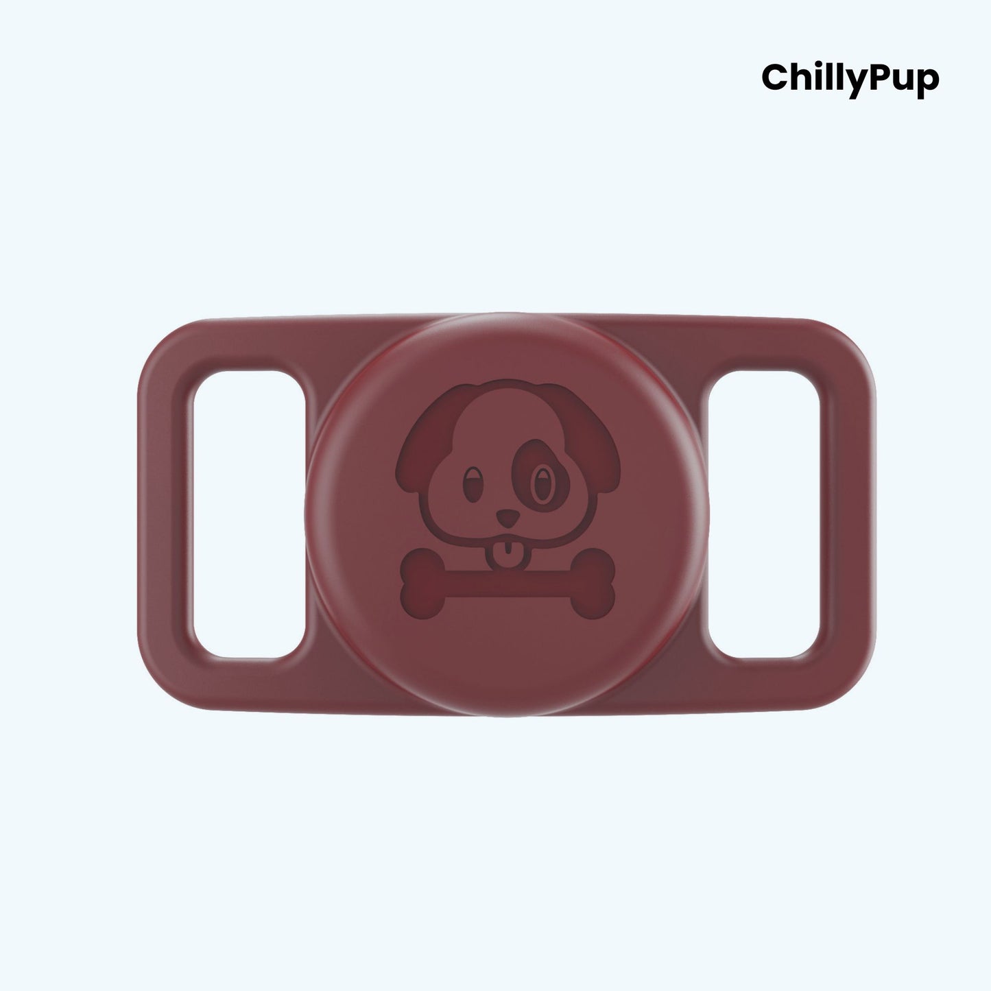 Red airtag holder for collar with 'ChillyPup' branding on a light purple background
