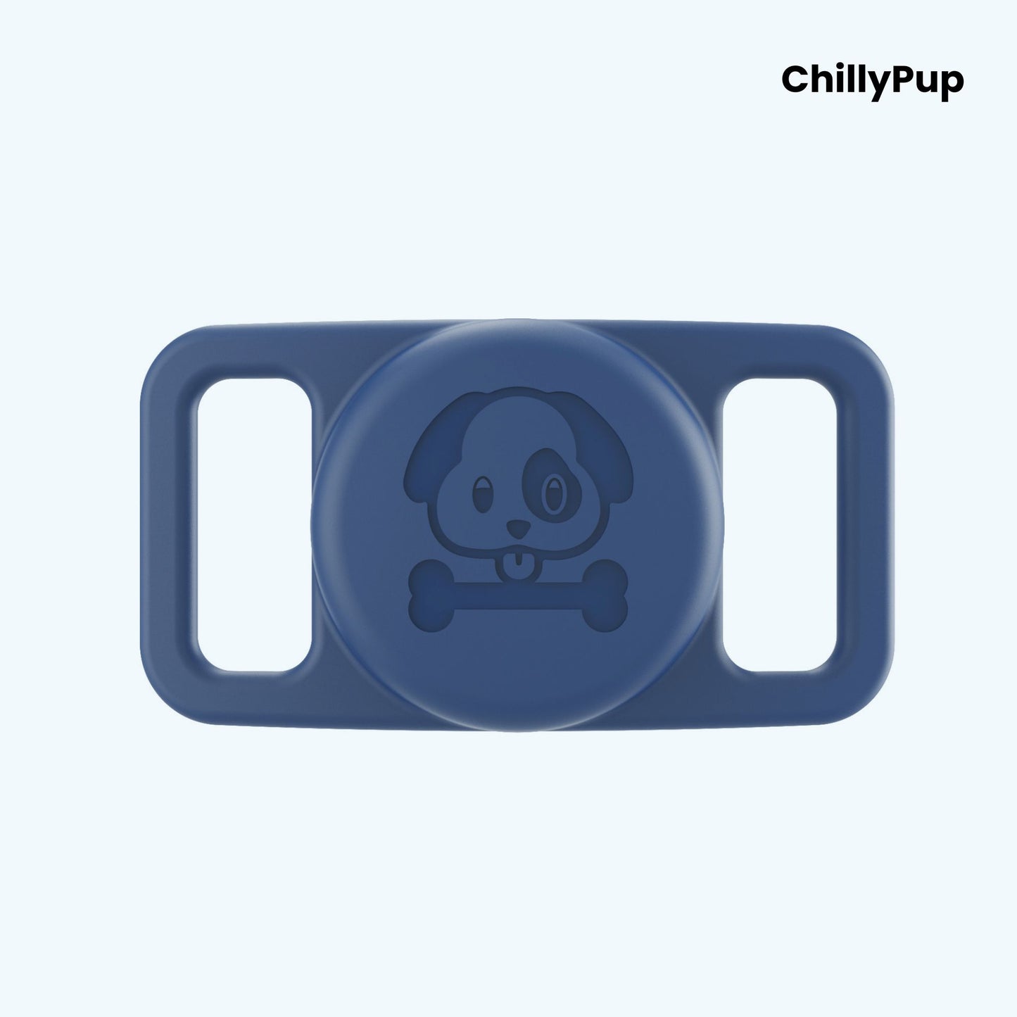 Blue airtag holder for collar with 'ChillyPup' branding on a light purple background