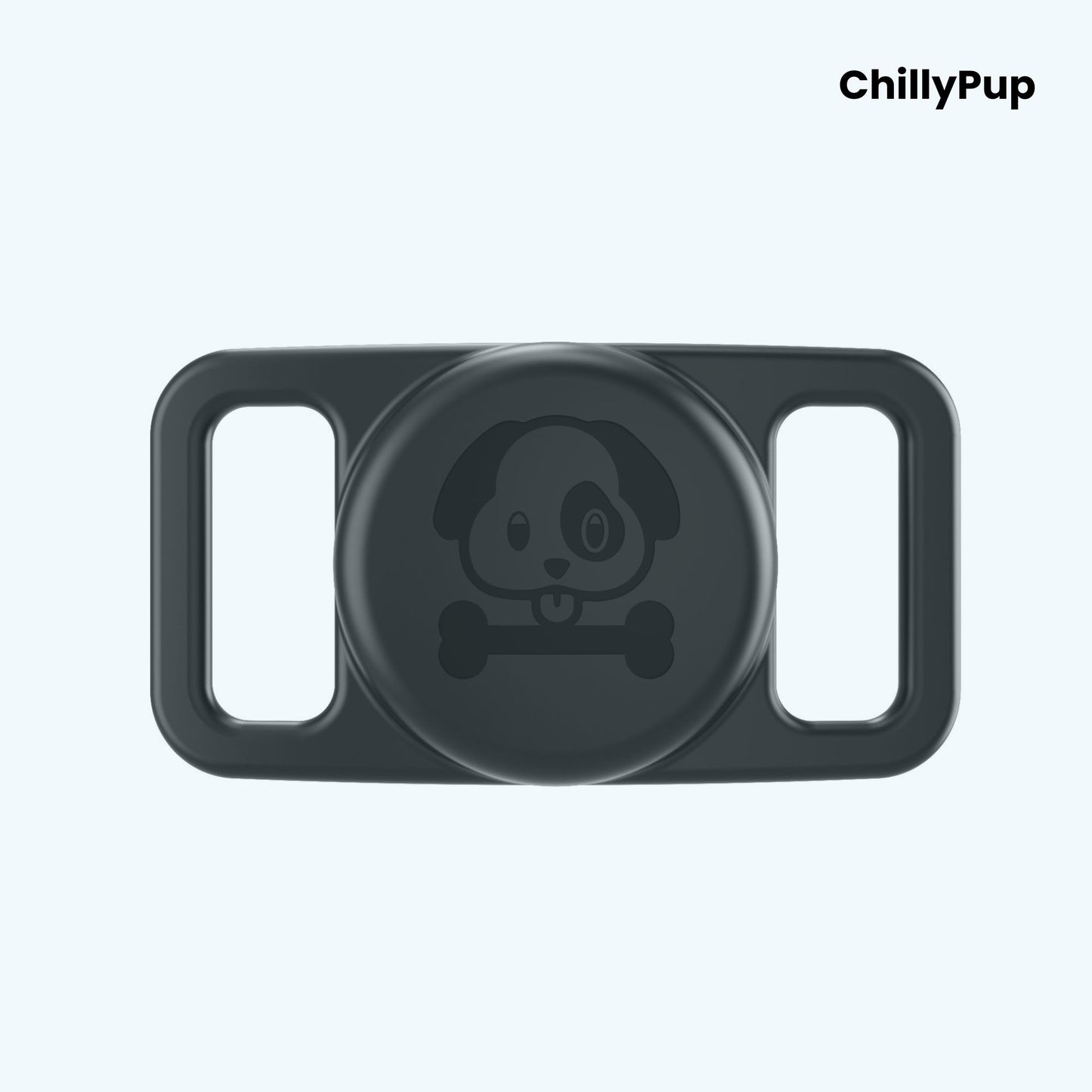Black airtag holder for collar with 'ChillyPup' branding on a light purple background