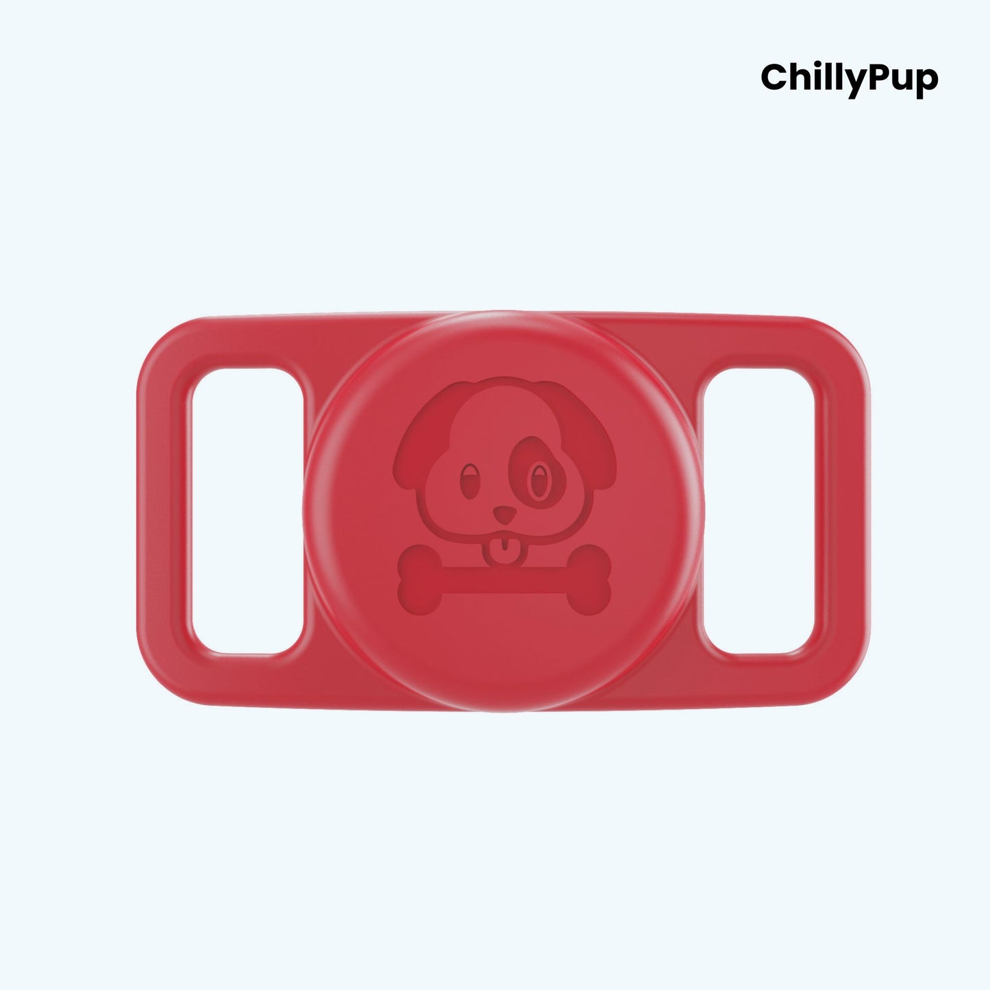 Red airtag holder for collar with 'ChillyPup' branding on a light purple background