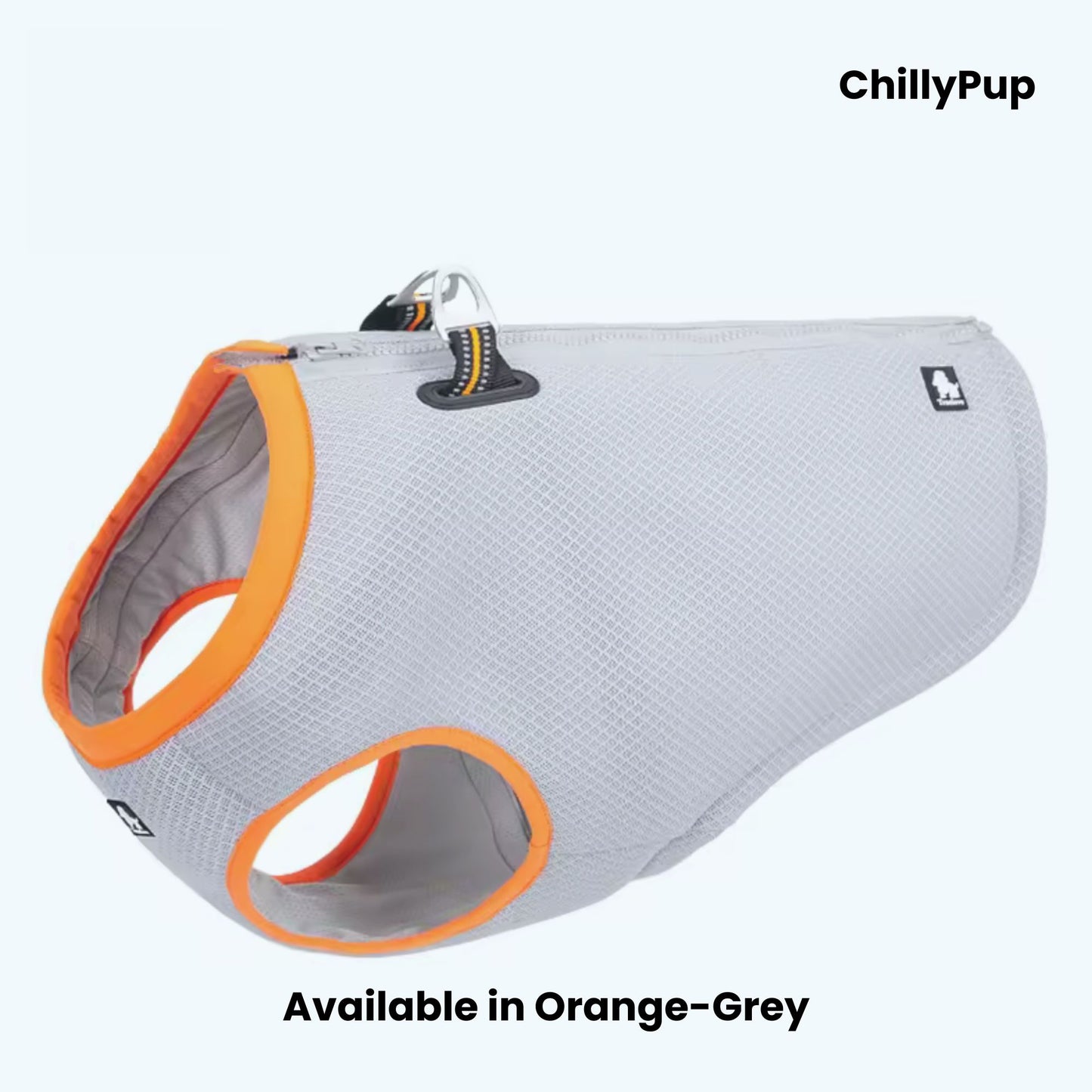 Grey dog cooling vest with orange trim on a white background