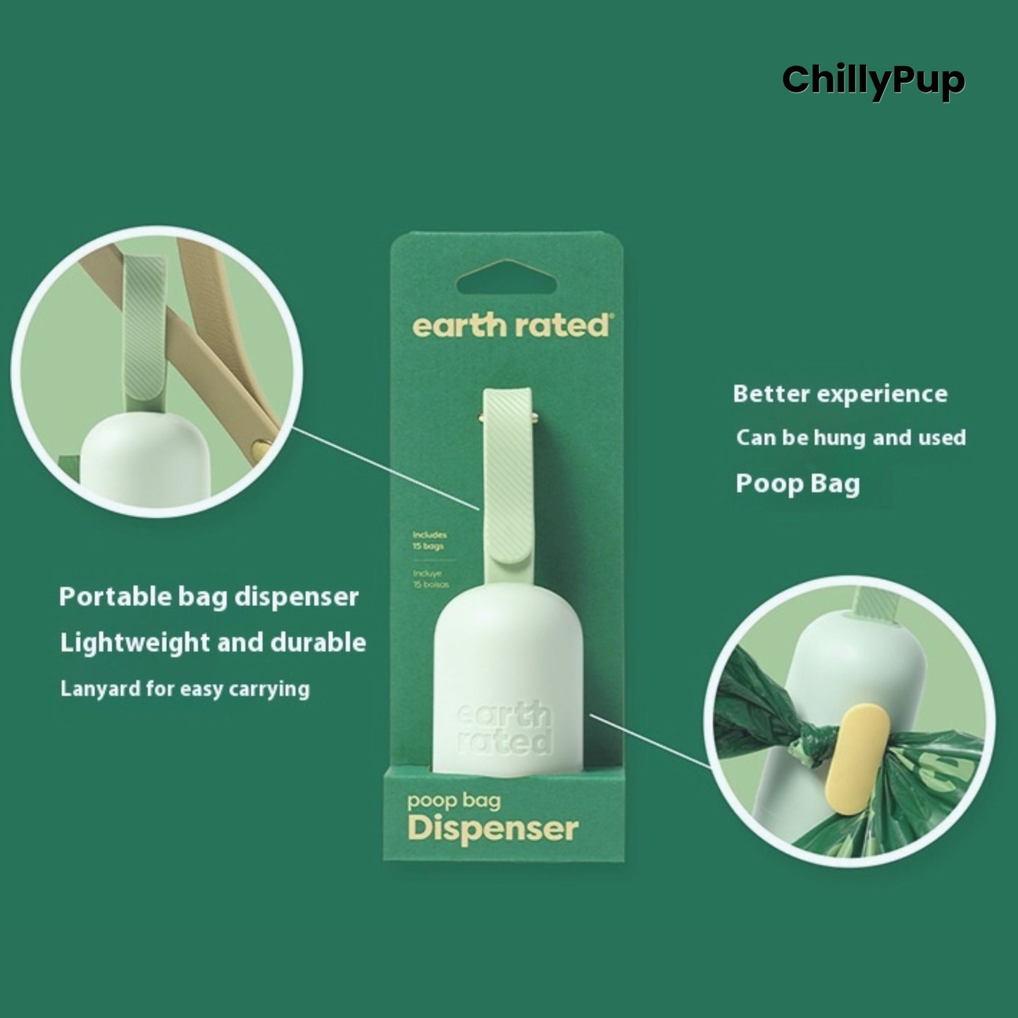 earth rated poop bag dispenser with ChillyPup branding on a green background