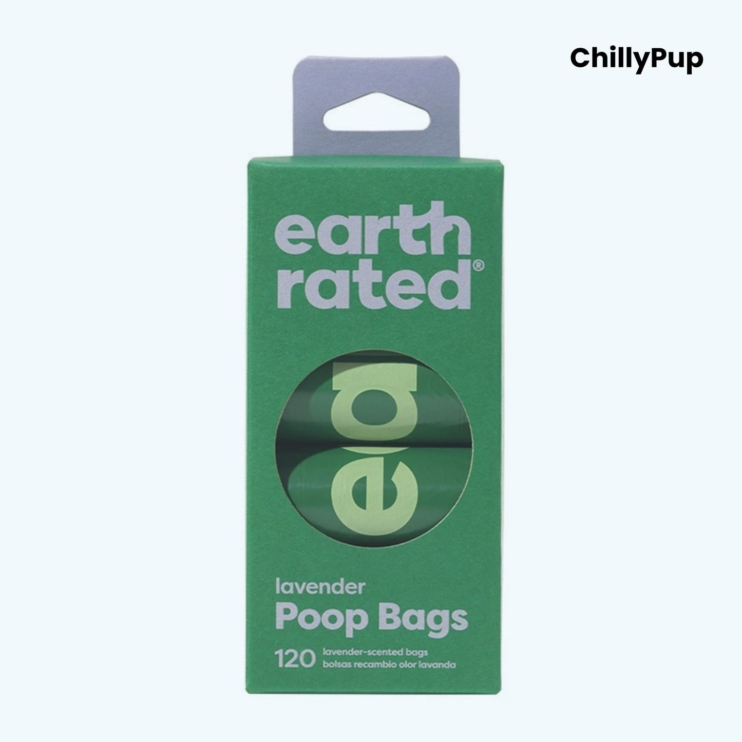 Green package of earth rated poop bags with a visible brand logo on a white background