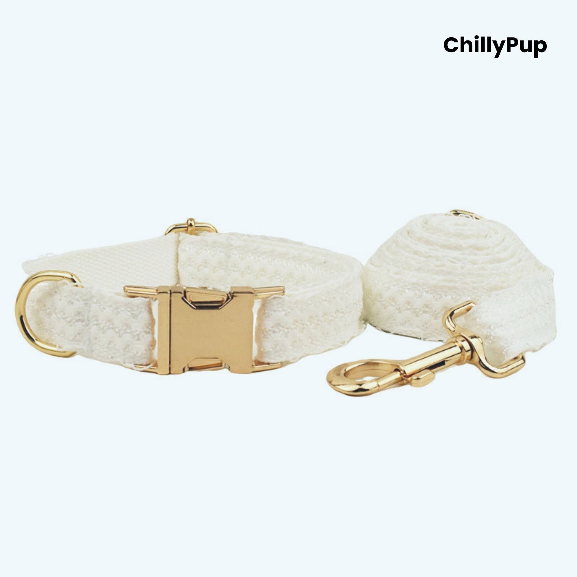 Elegant Wedding Dog Collar, Harness & Lead Set on a white background with Chillypup branding