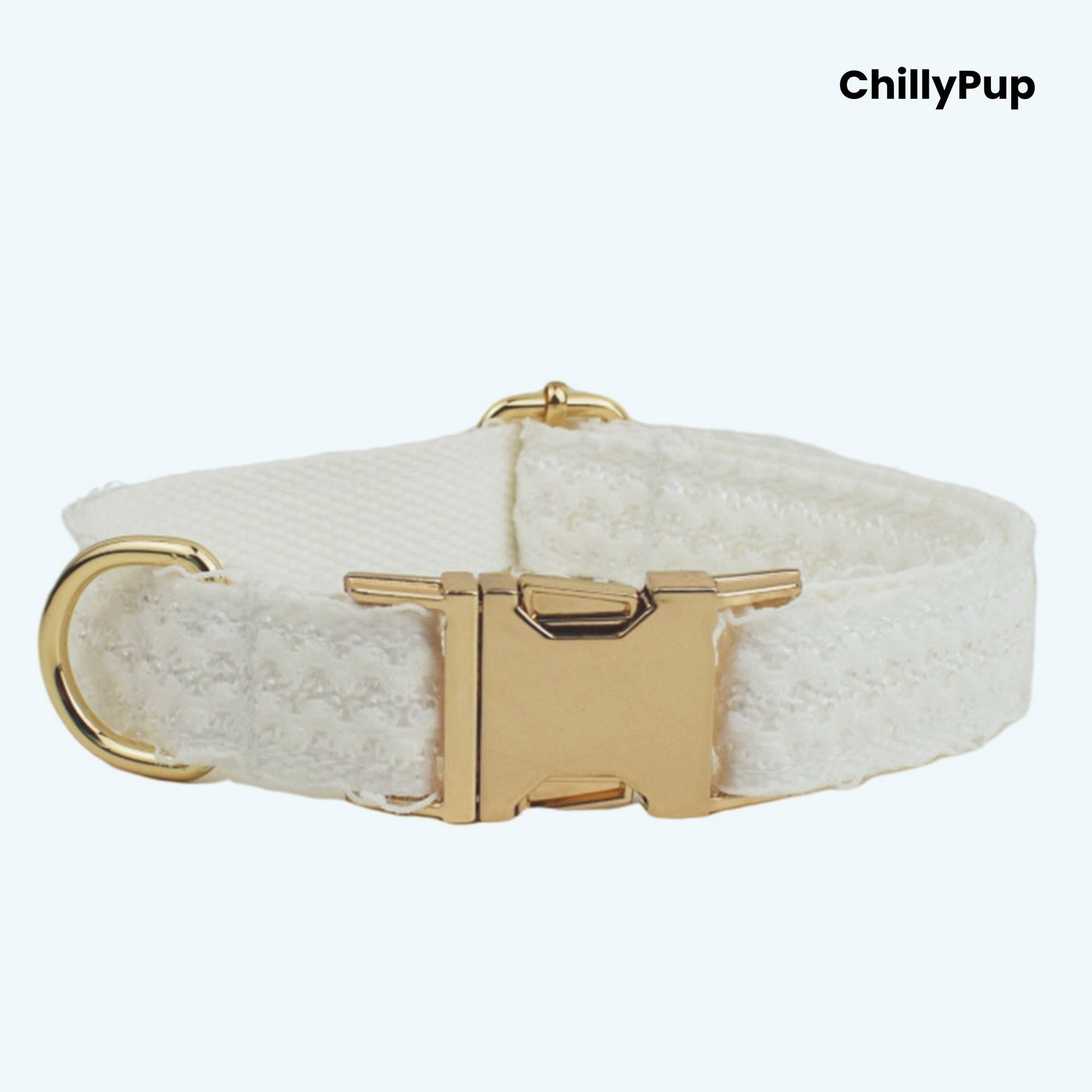 Elegant Wedding Dog Collar, Harness & Lead Set on a white background with Chillypup branding