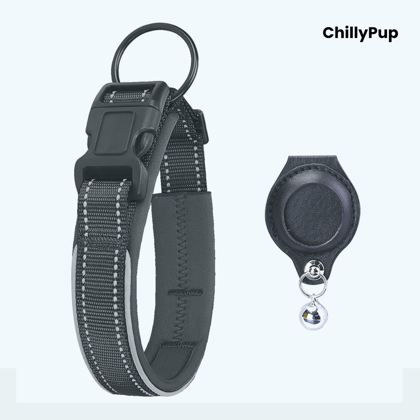 Black dog collar with reflective on a white background, branded 'ChillyPup'.