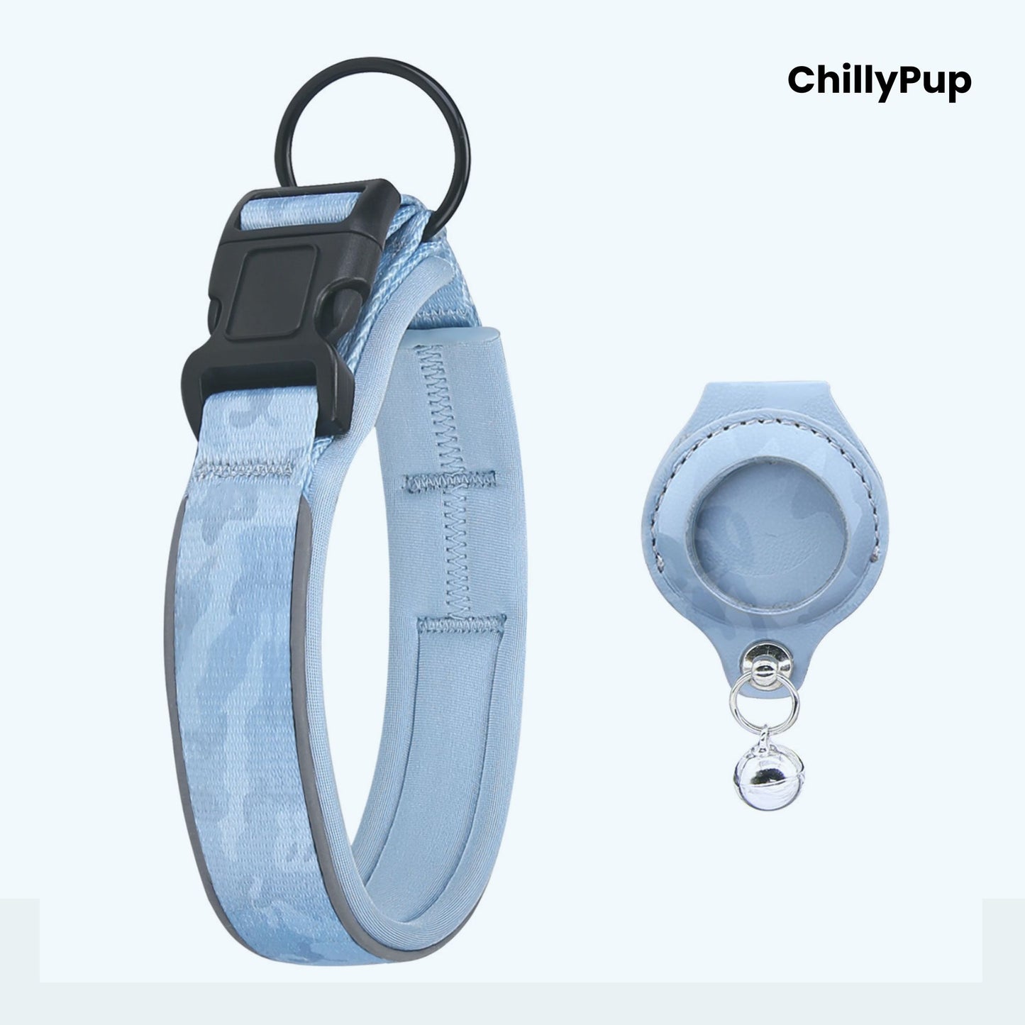 Blue dog collar with reflective on a white background, branded 'ChillyPup'.