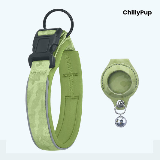 Green dog collar with reflective on a white background, branded 'ChillyPup'.