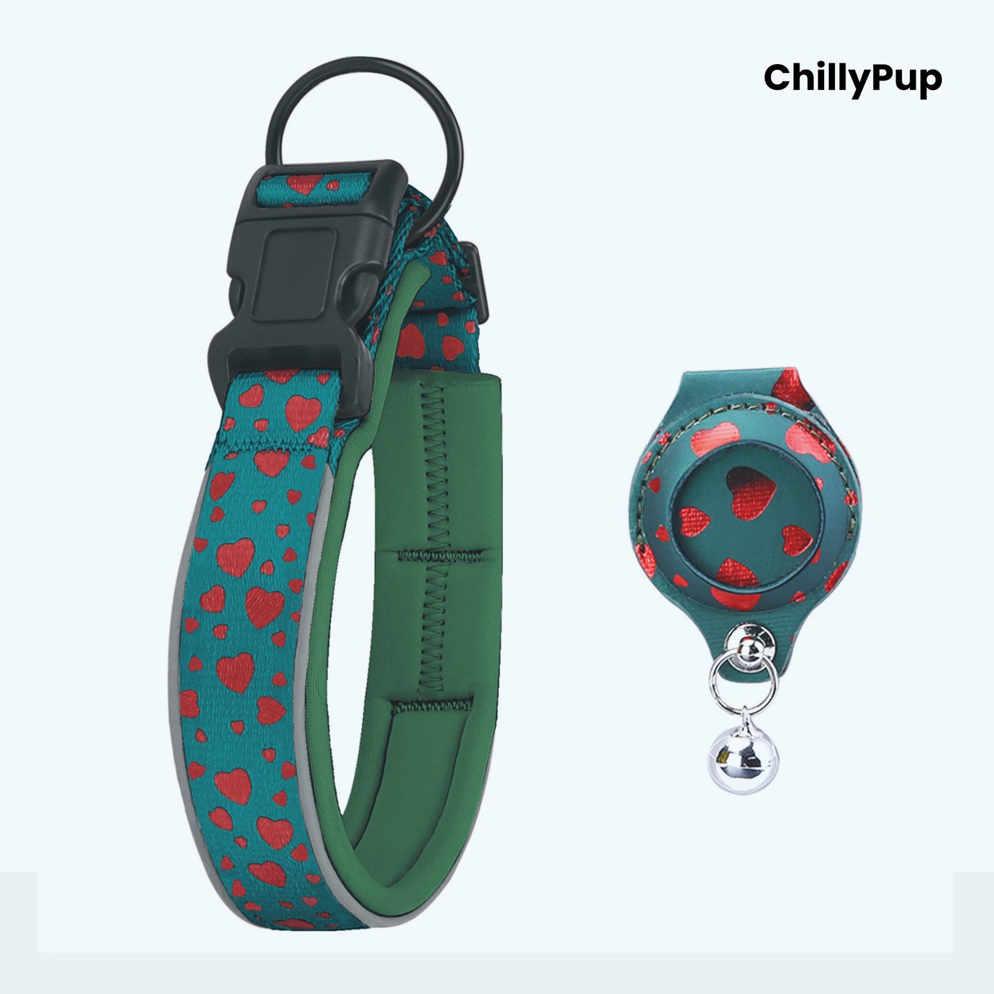 Green dog collar with reflective on a white background, branded 'ChillyPup'.