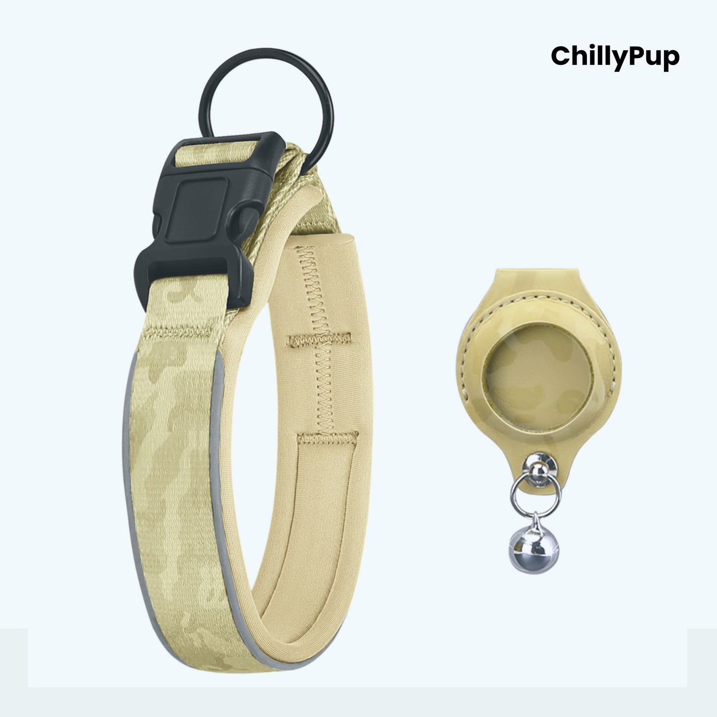 Beige dog collar with reflective on a white background, branded 'ChillyPup'.