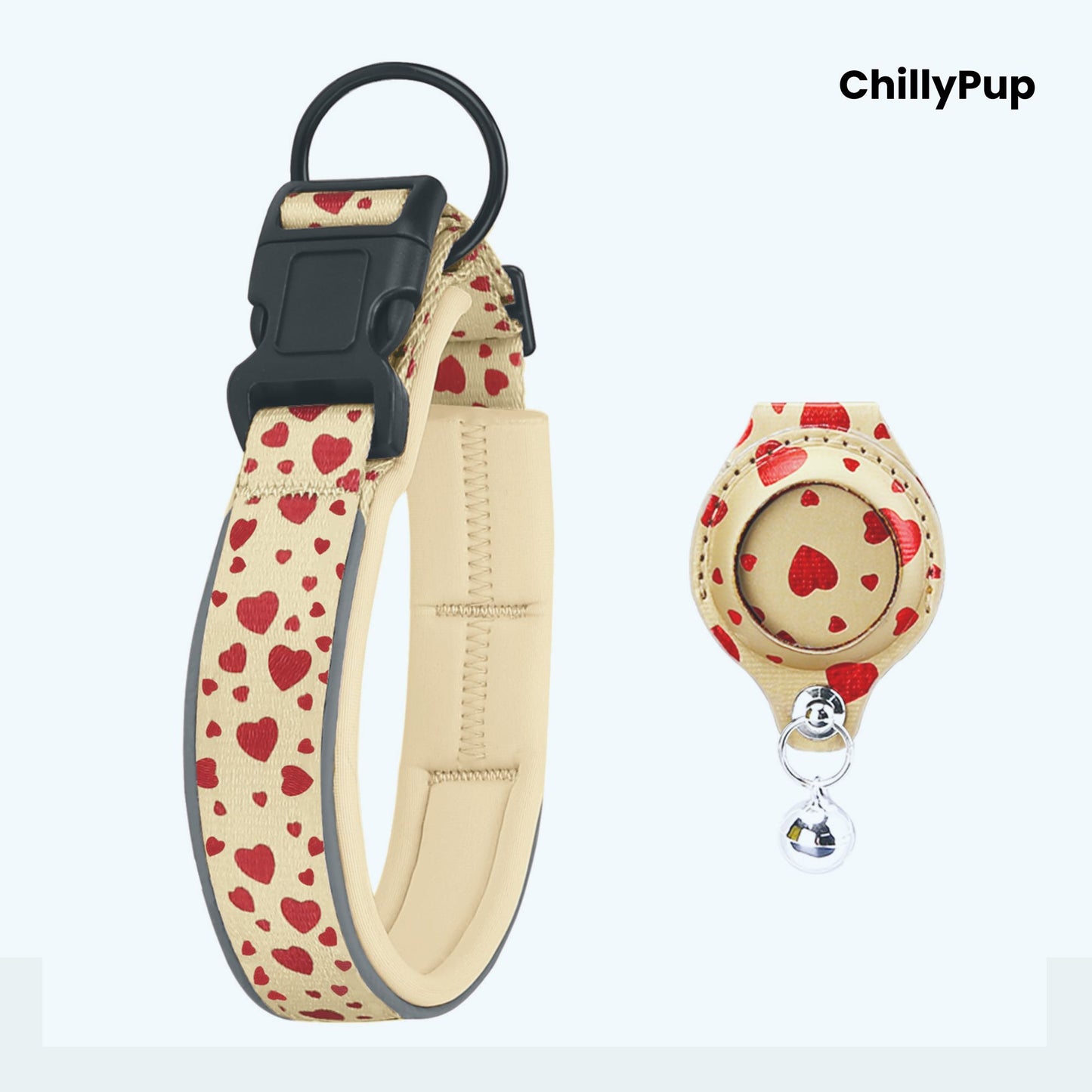 cream dog collar with reflective on a white background, branded 'ChillyPup'.