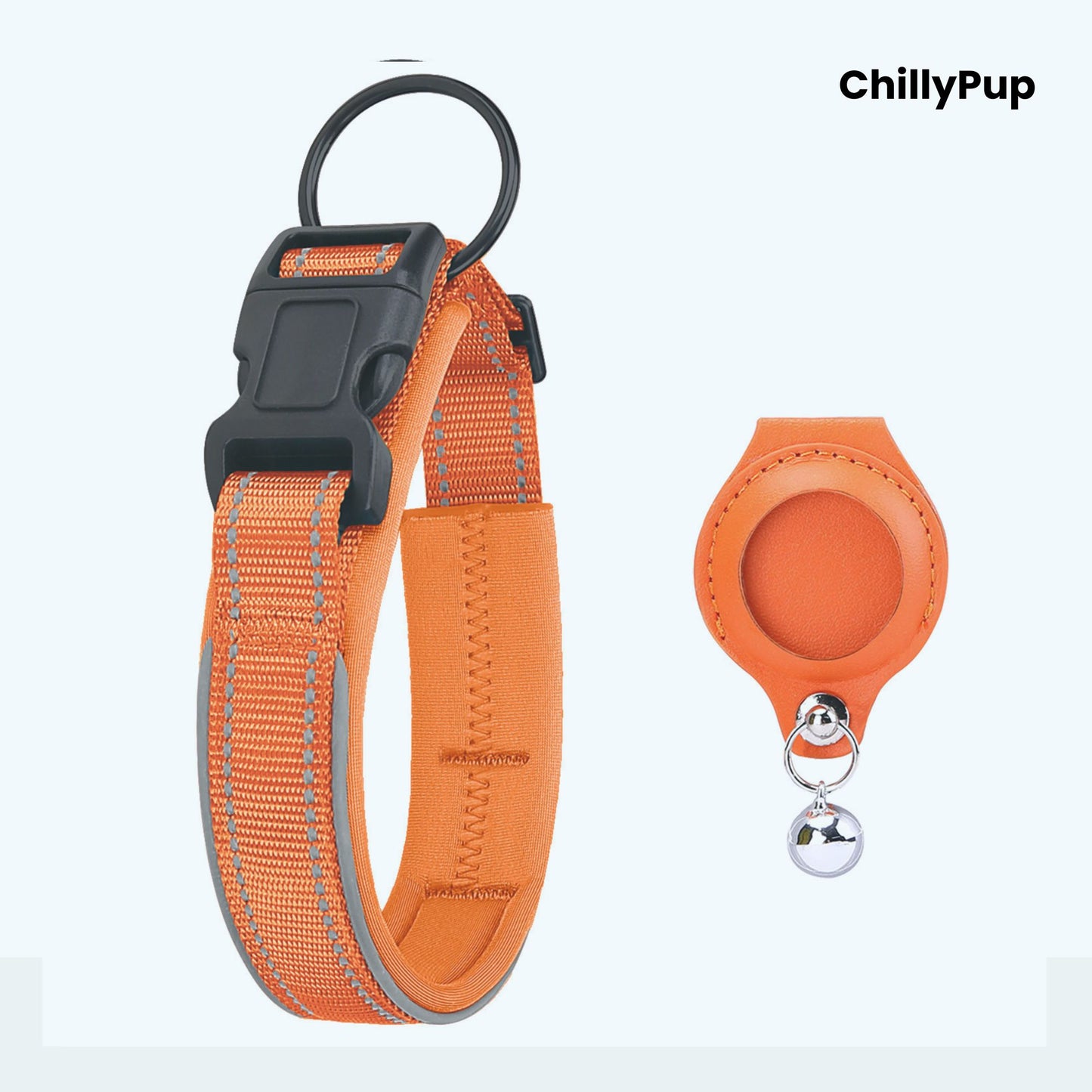Orange dog collar with reflective on a white background, branded 'ChillyPup'.
