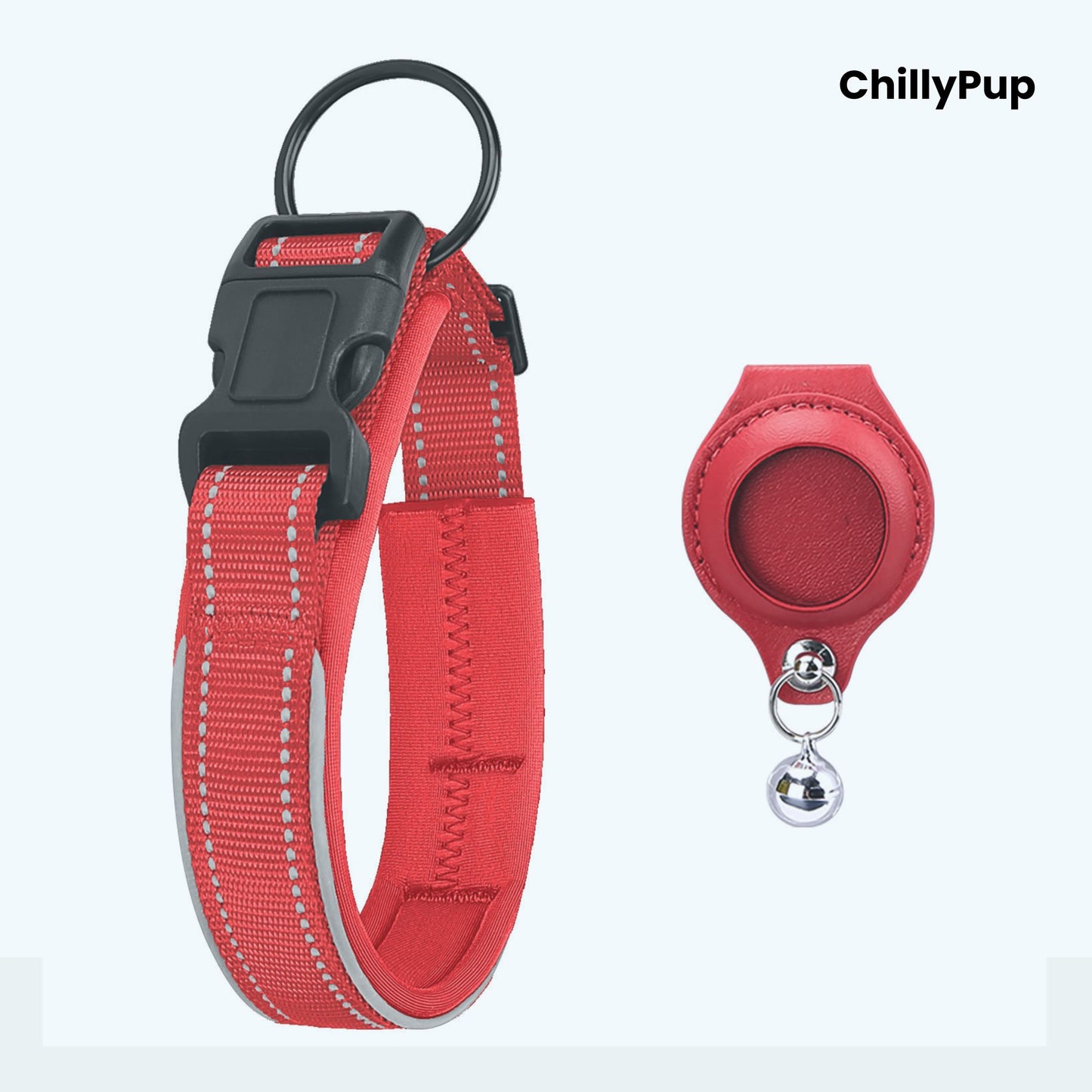 Red dog collar with reflective on a white background, branded 'ChillyPup'.