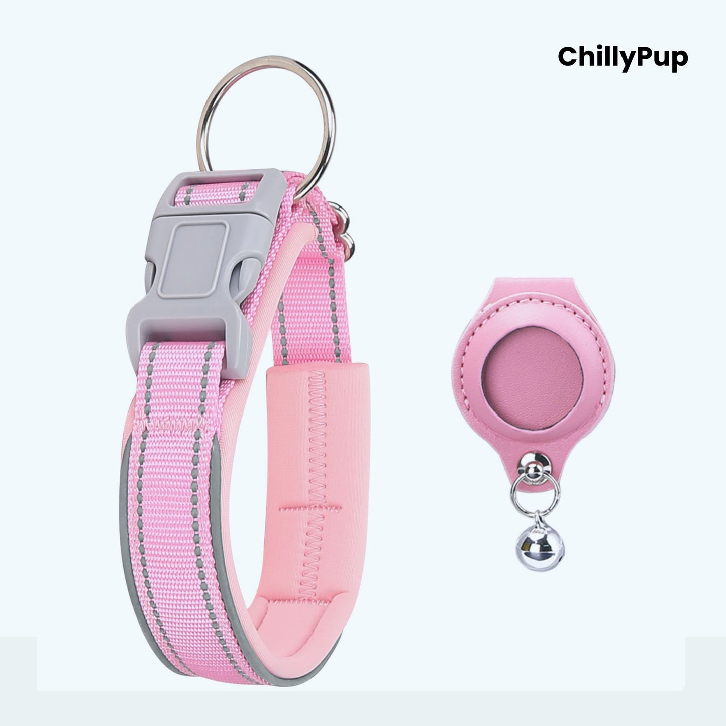 Pink dog collar with reflective on a white background, branded 'ChillyPup'.