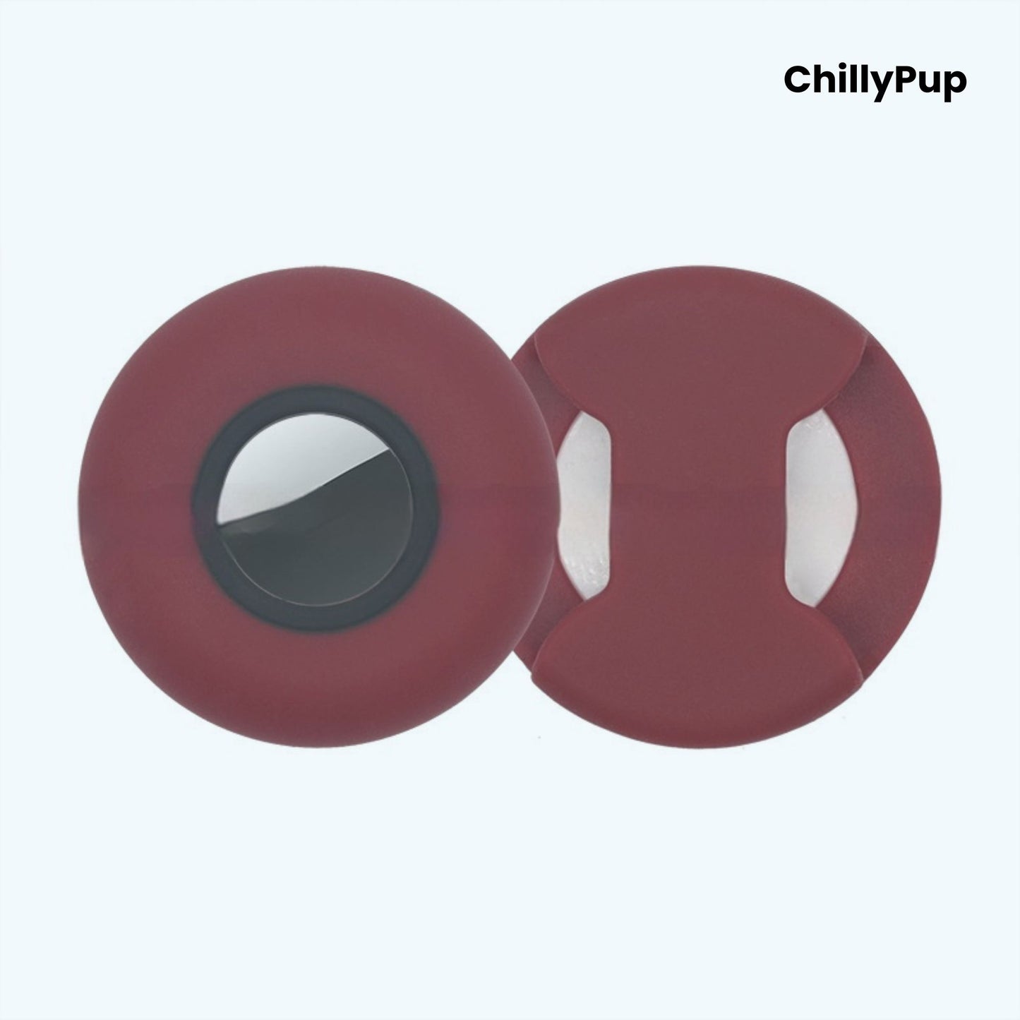 Silicone apple airtag dog collar holder on a white background with ChillyPup branding.
