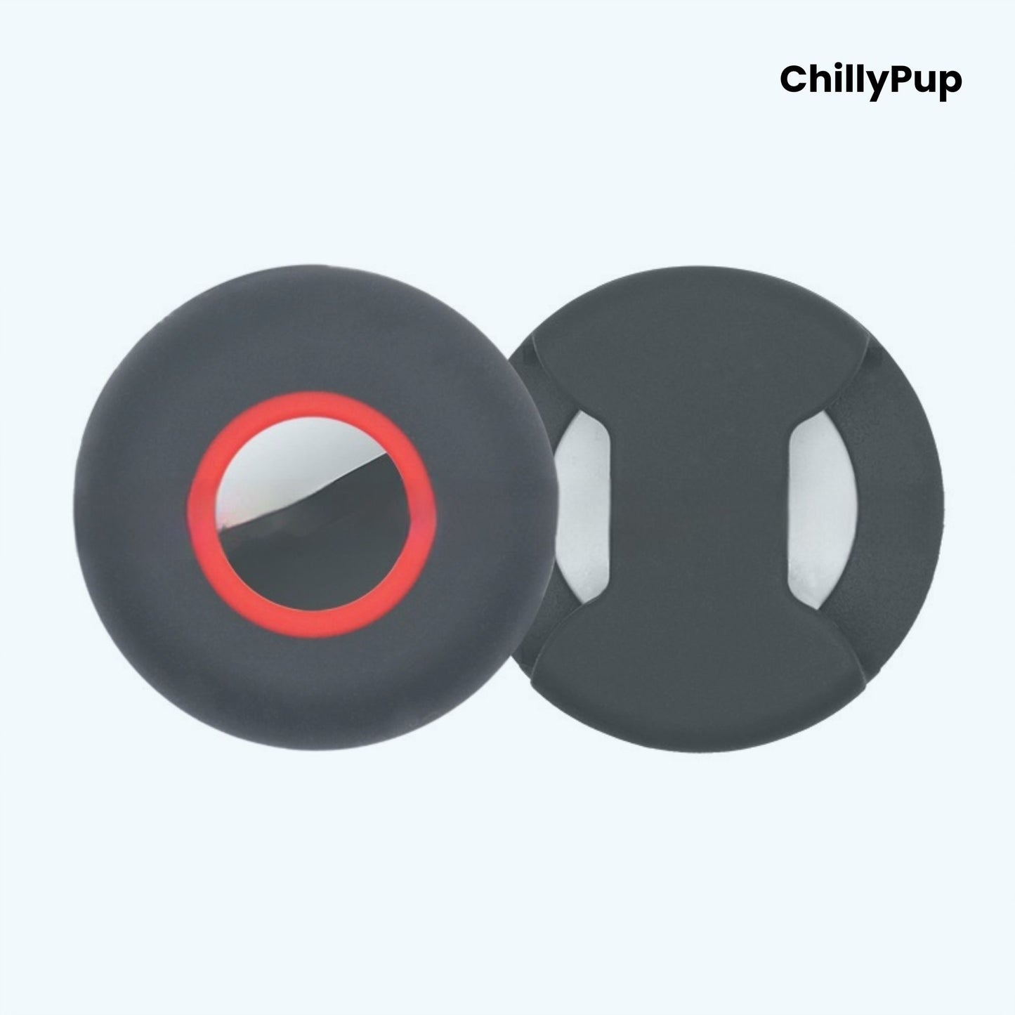 Silicone apple airtag dog collar holder on a white background with ChillyPup branding.