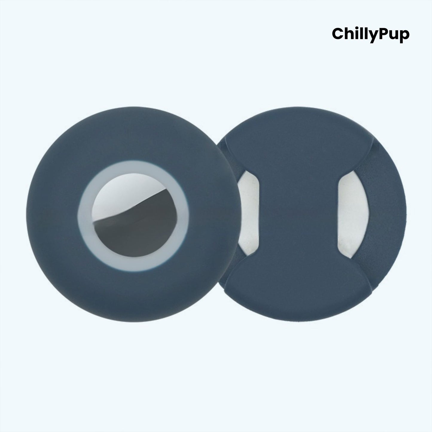 Silicone apple airtag dog collar holder on a white background with ChillyPup branding.