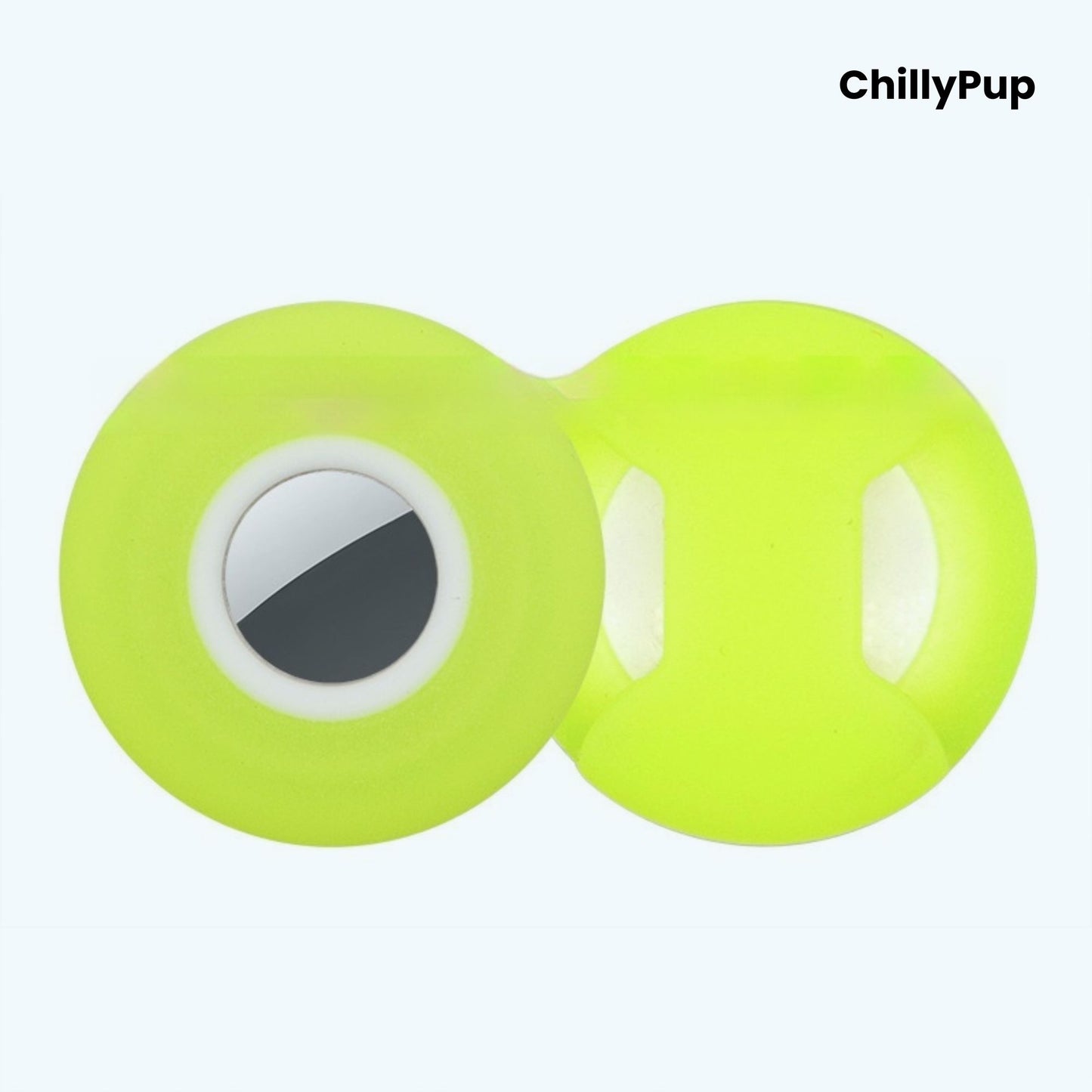 Silicone apple airtag dog collar holder on a white background with ChillyPup branding.