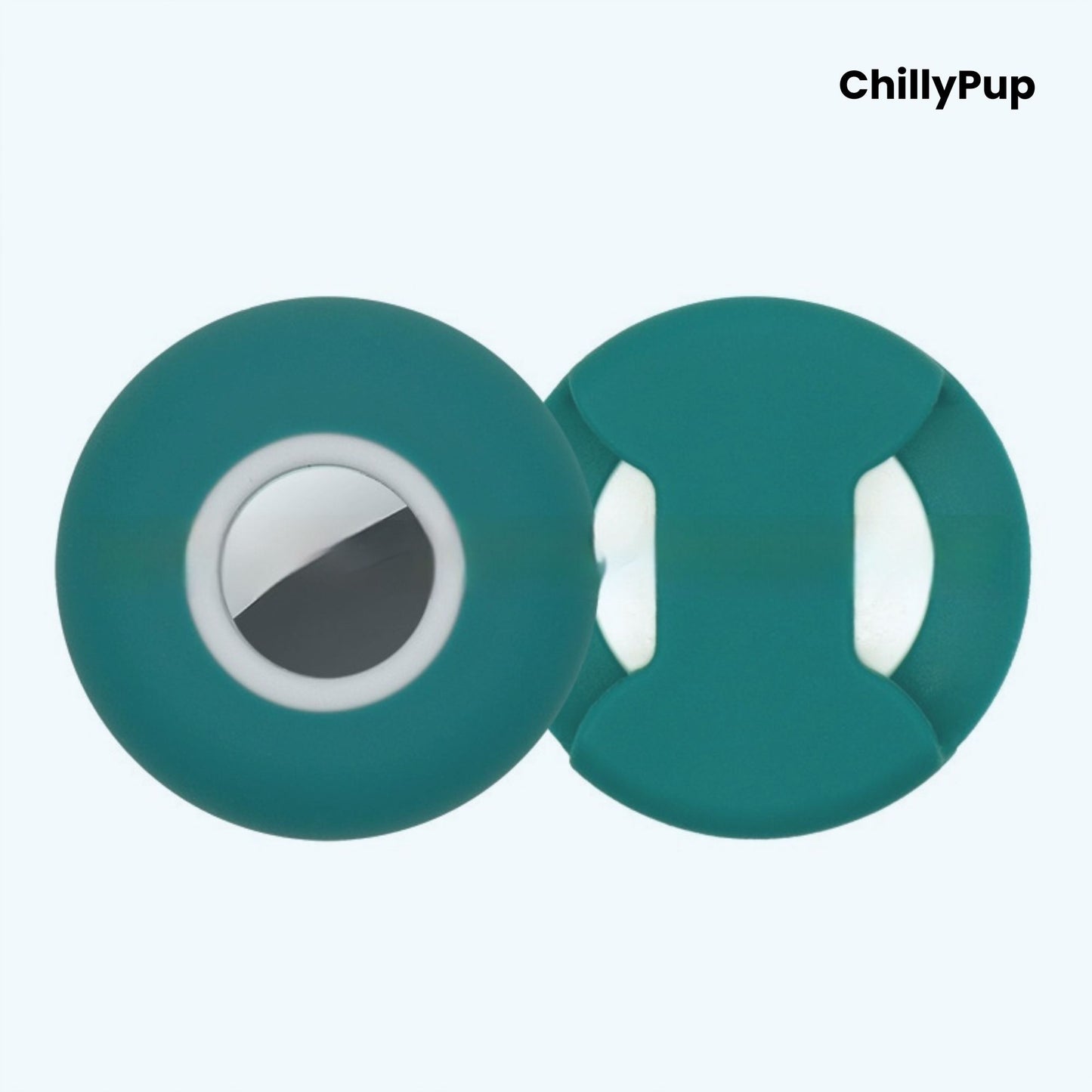 Silicone apple airtag dog collar holder on a white background with ChillyPup branding.