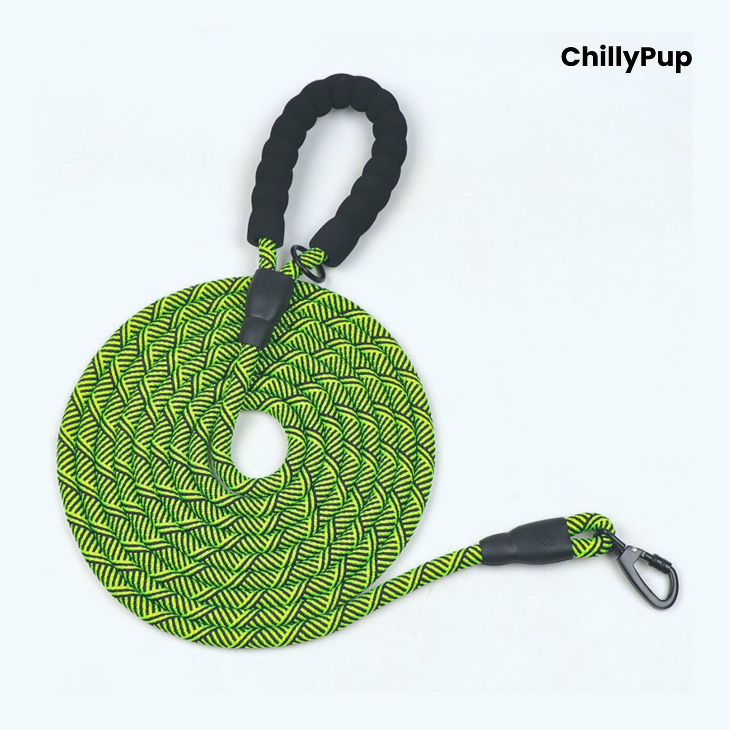 Dog lead with patterned design and black clips on a white background, branded 'ChillyPup'.