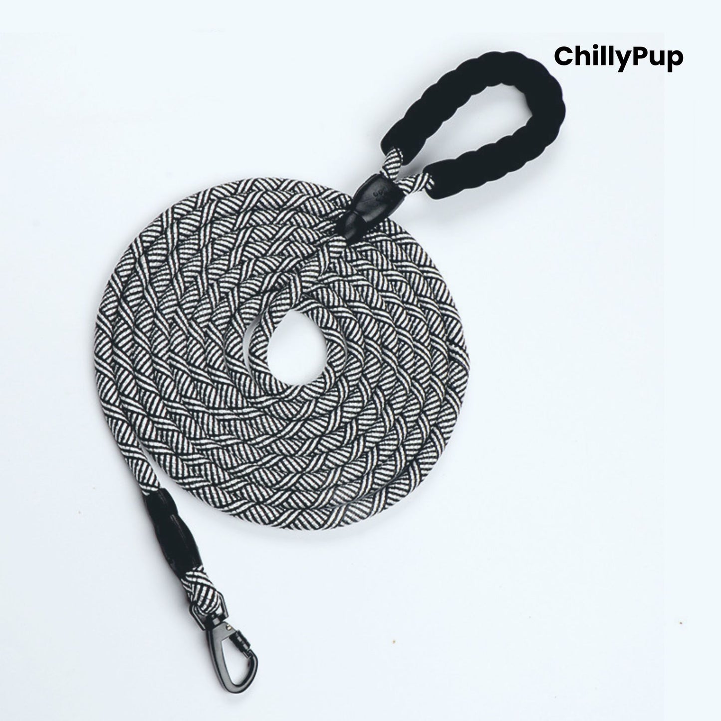 Dog lead with patterned design and black clips on a white background, branded 'ChillyPup'.