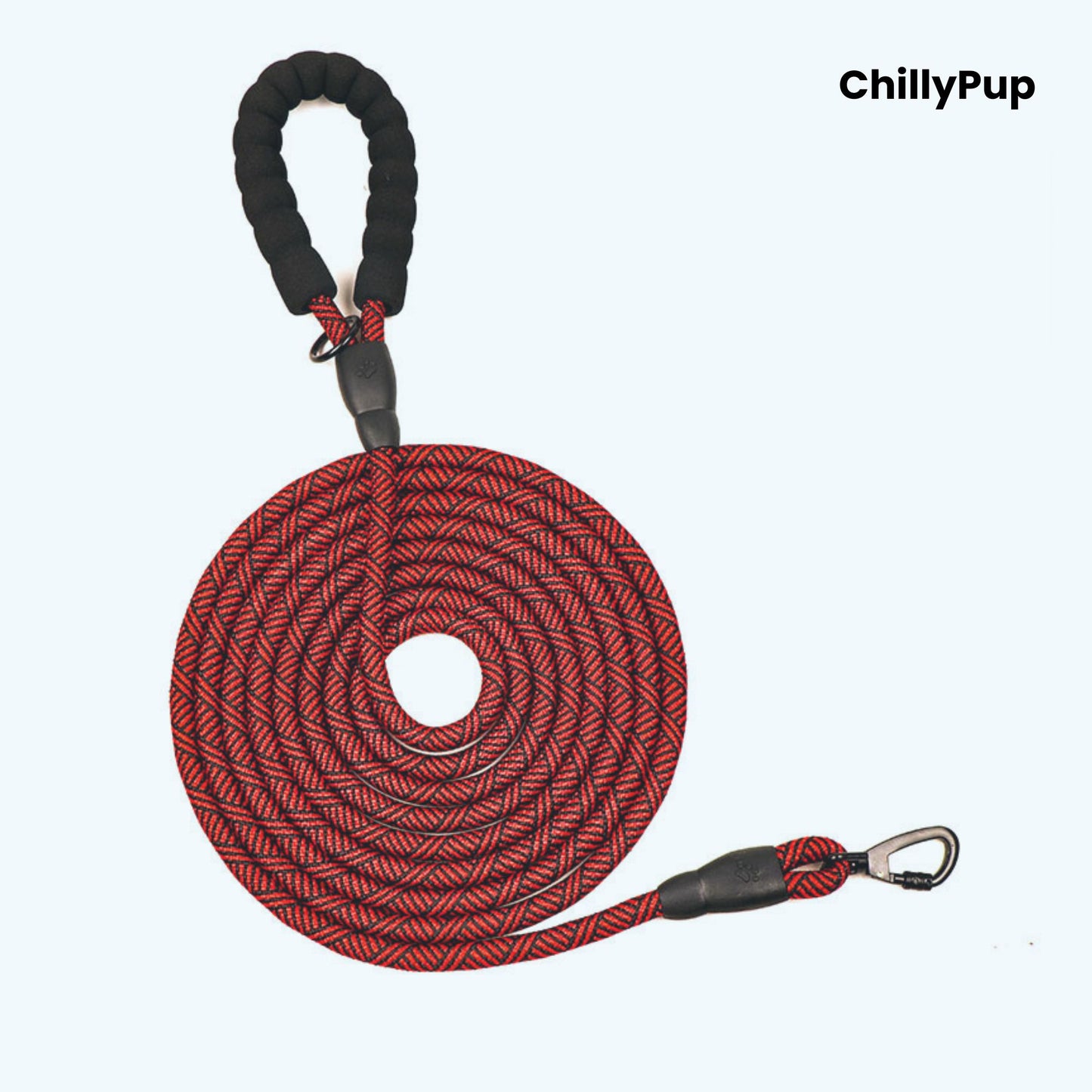 Dog lead with patterned design and black clips on a white background, branded 'ChillyPup'.