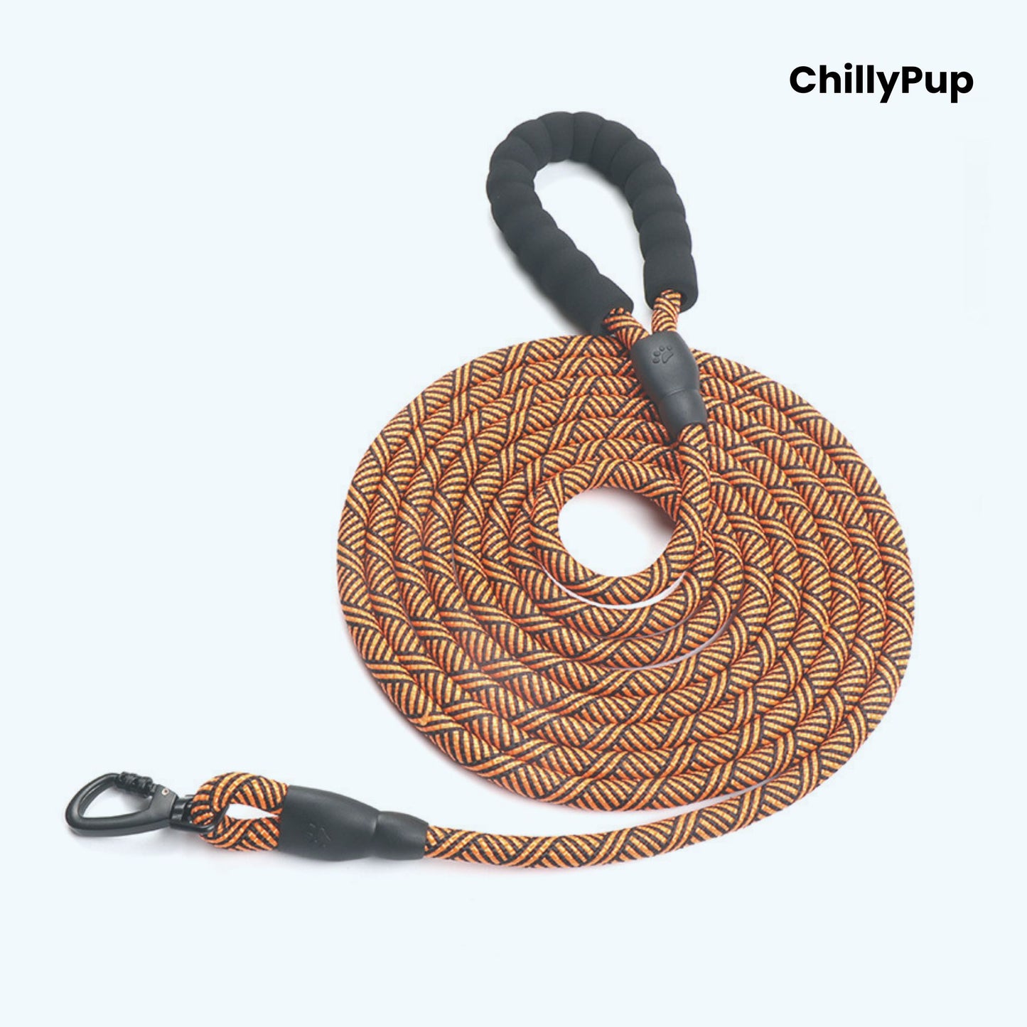 Dog lead with patterned design and black clips on a white background, branded 'ChillyPup'.