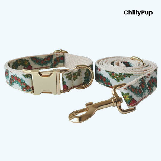Dog collar and leash set with Christmas wreath pattern on a white background, branded 'ChillyPup'.