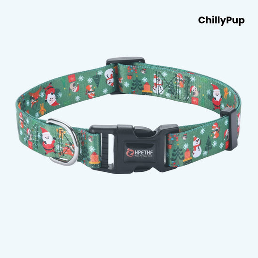 Green dog collar with Christmas-themed design on a white background, branded 'ChillyPup'