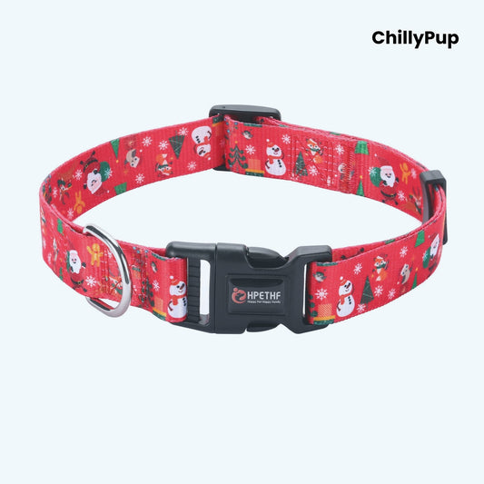 Red dog collar with Christmas-themed design on a white background, branded 'ChillyPup'