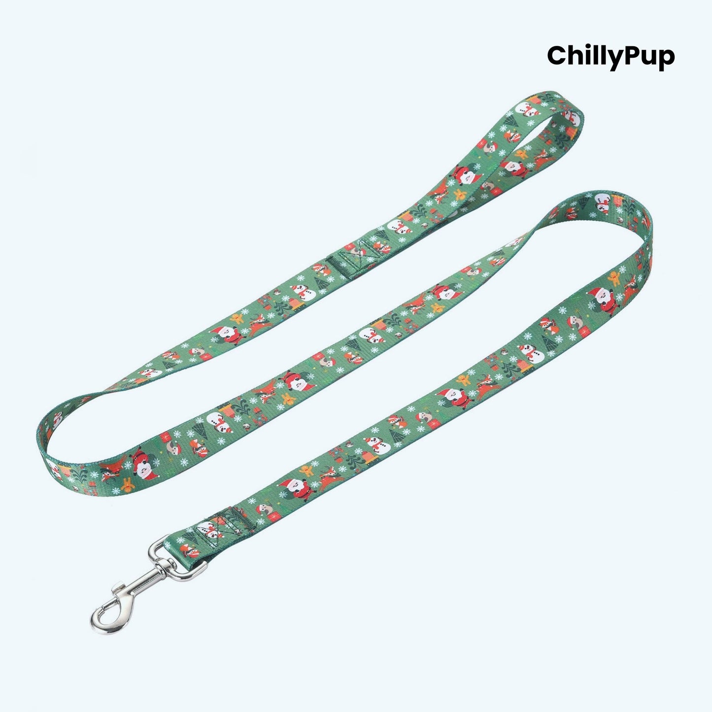 Green dog lead with Christmas-themed pattern on a white background, branded 'ChillyPup'.