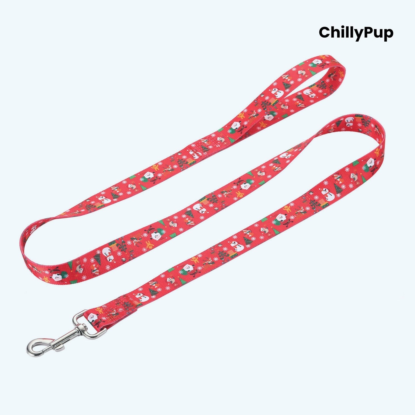 Red dog Lead with Christmas-themed pattern on a white background, branded 'ChillyPup'.
