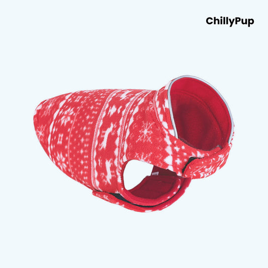 Red Festive Christmas Fleece Dog Coat with Velcro Fastening on a white background with Chillypup branding