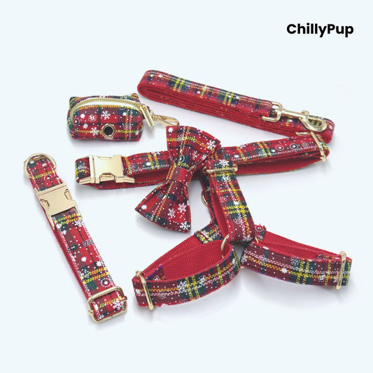 Dog collar, Lead, and pouch set with red plaid pattern on a white background, branded 'ChillyPup'.