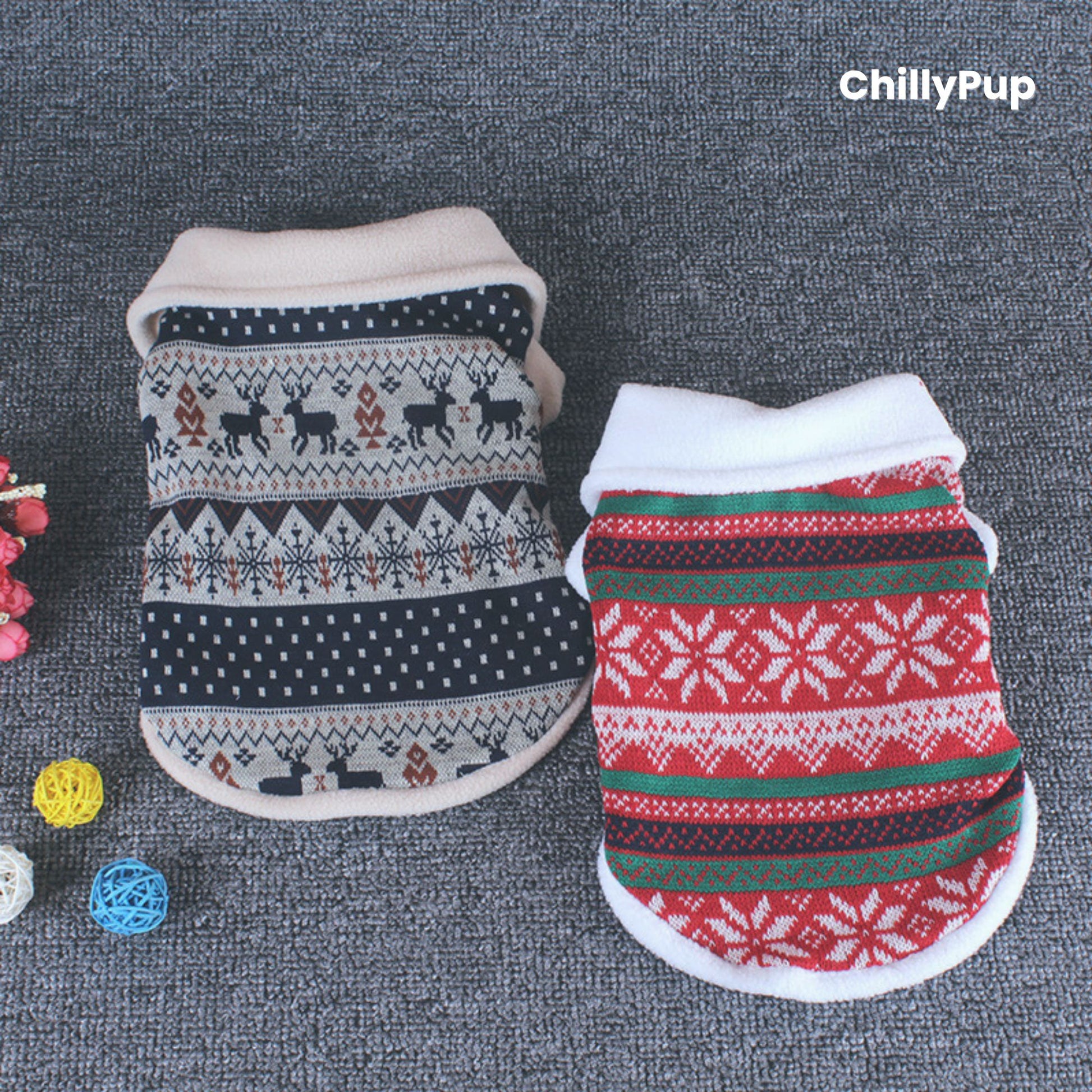Festive Knitted Dog Jumper with chilly pup branding