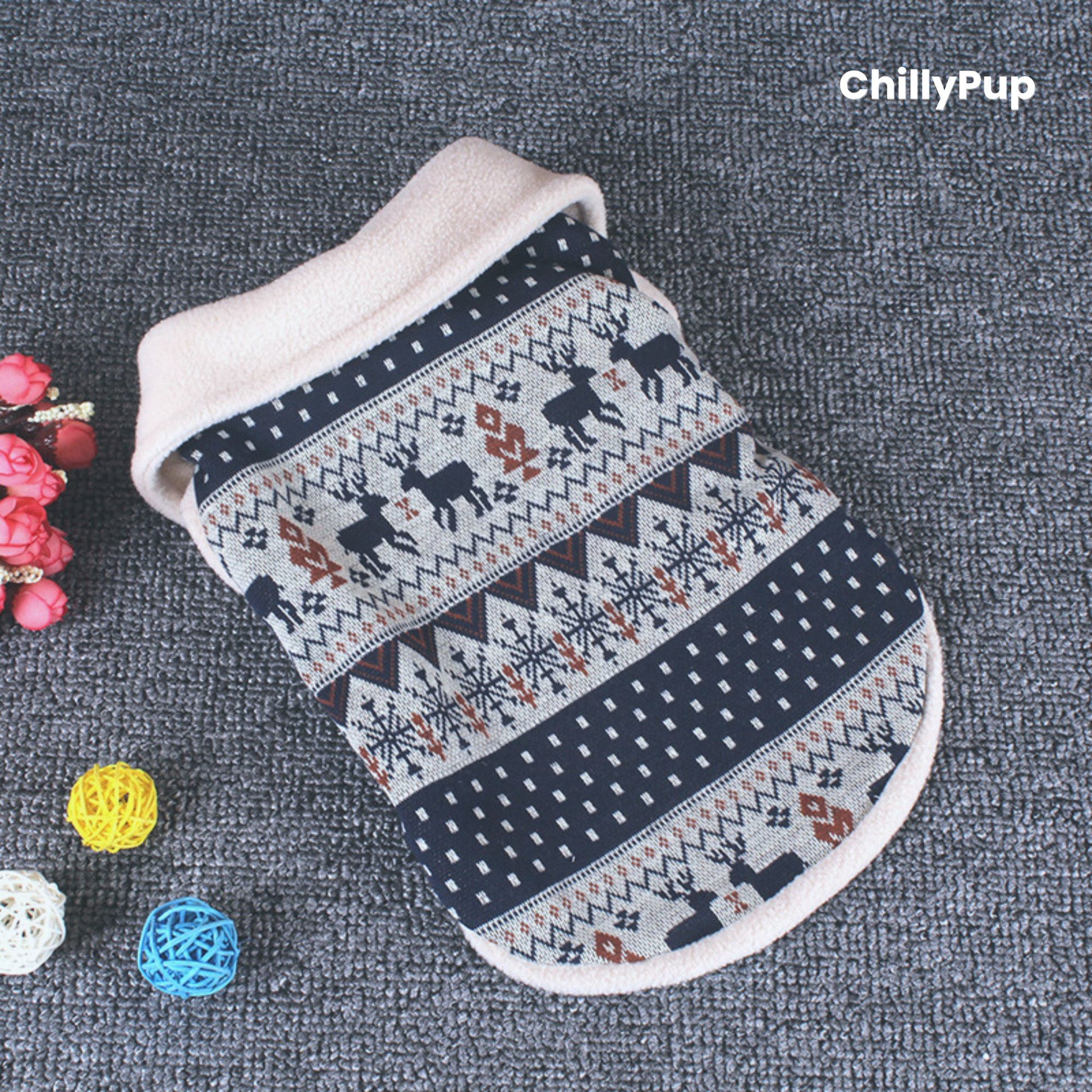 Festive Knitted Dog Jumper with chilly pup branding