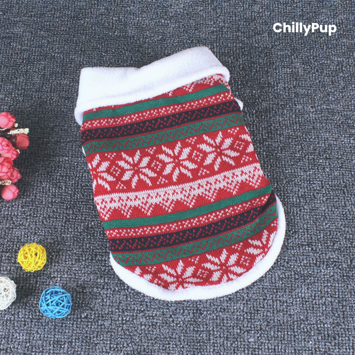 Festive Knitted Dog Jumper with chilly pup branding