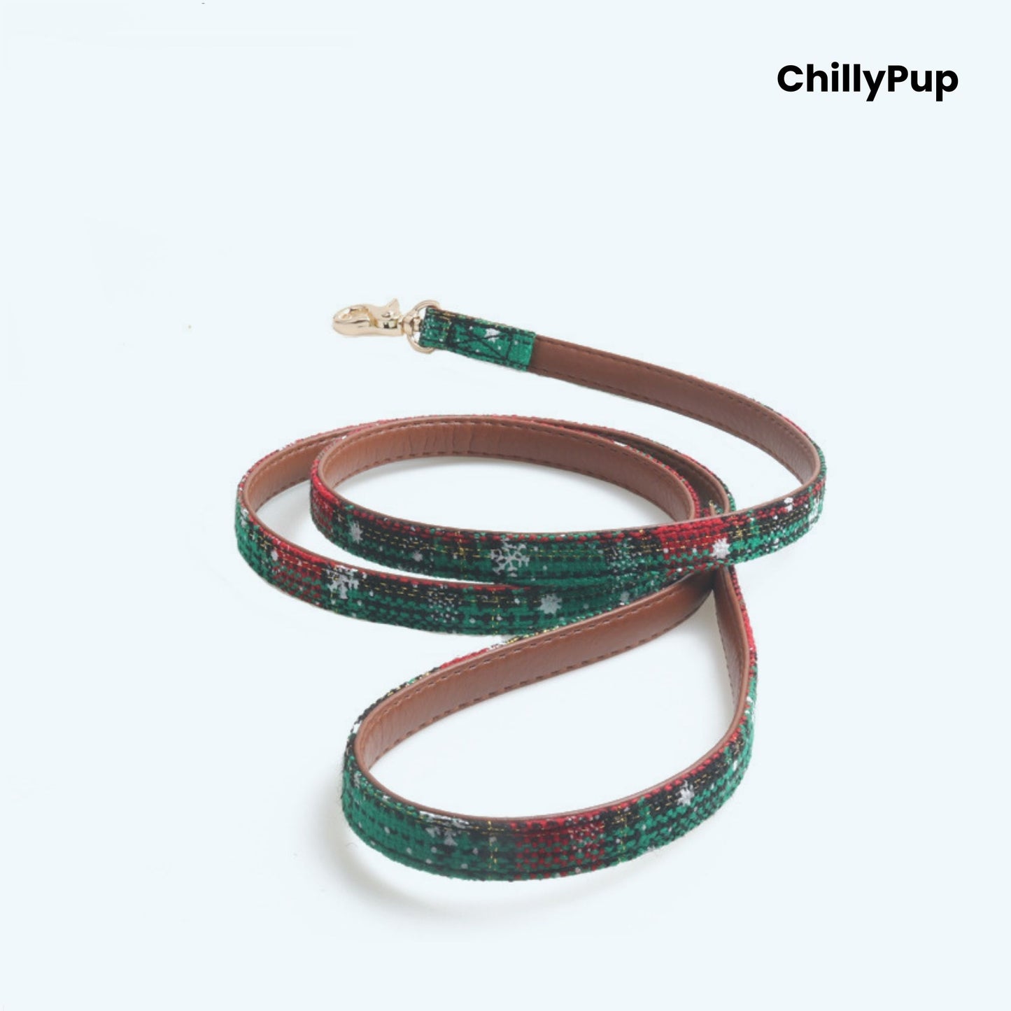 Dog lead with a red and green pattern and bow tie on a white background, branded 'ChillyPup'
