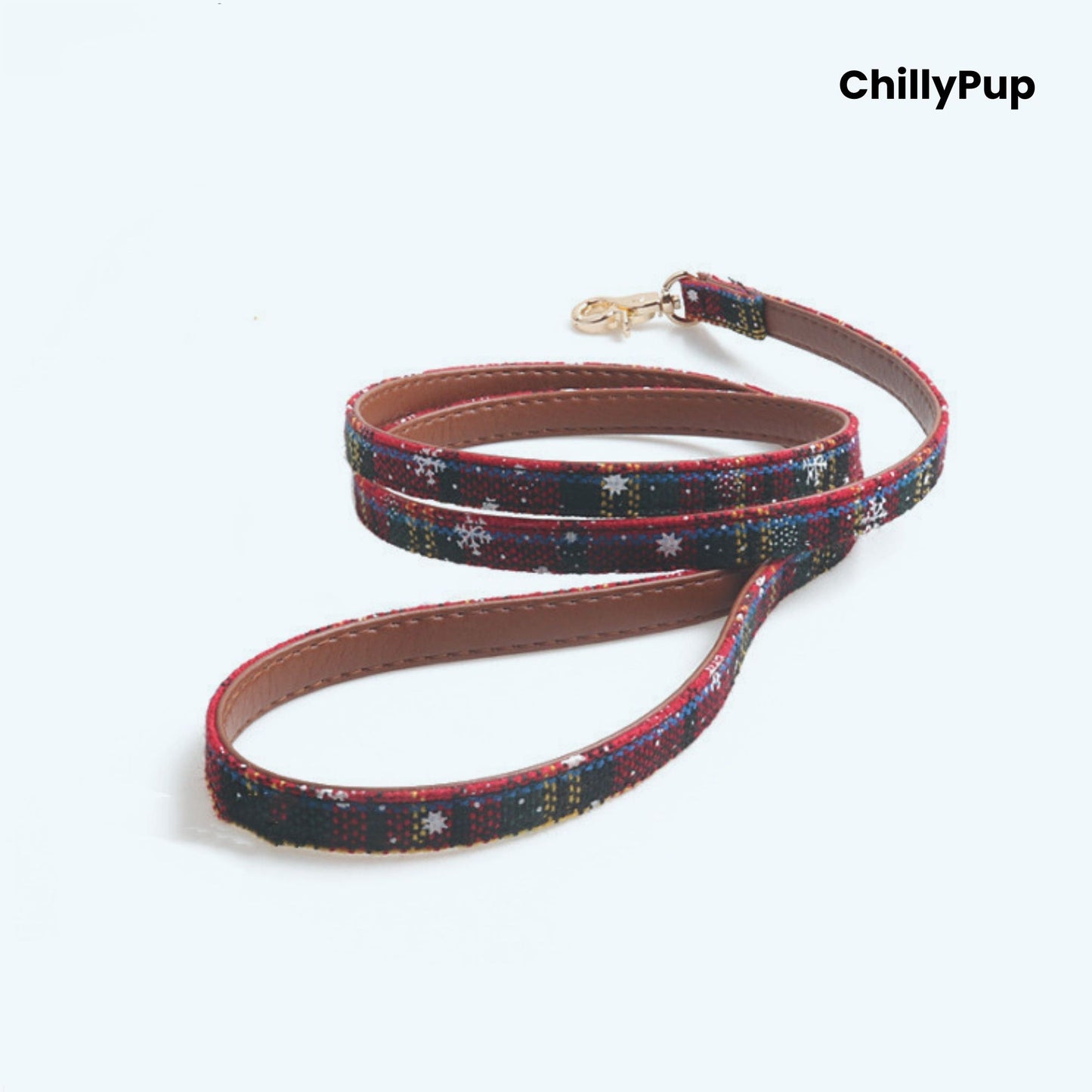 Dog lead with a red and green pattern and bow tie on a white background, branded 'ChillyPup'